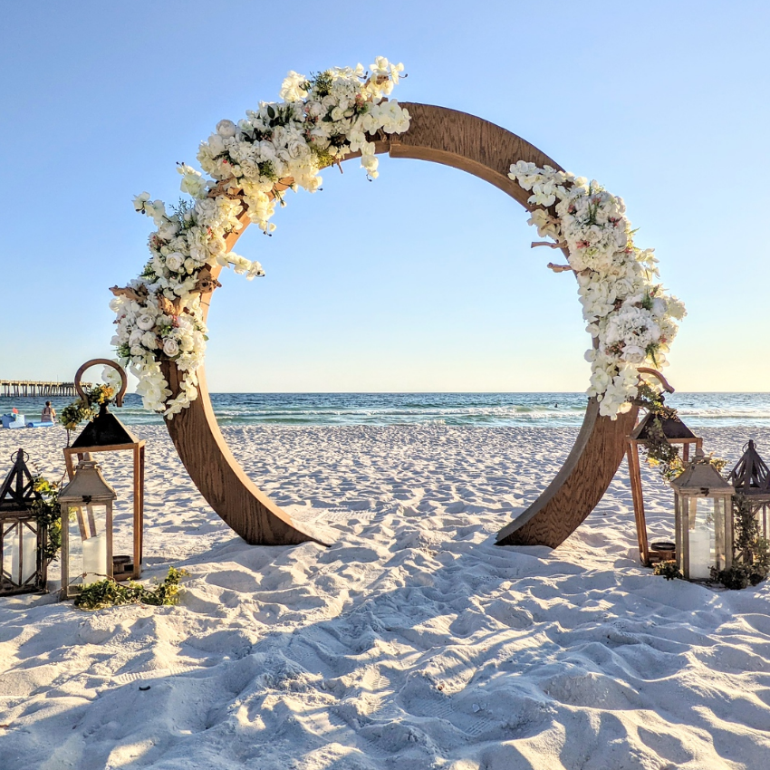 wood circle moon gate wedding arch arbor beach wedding rental in panama city beach wedding florist