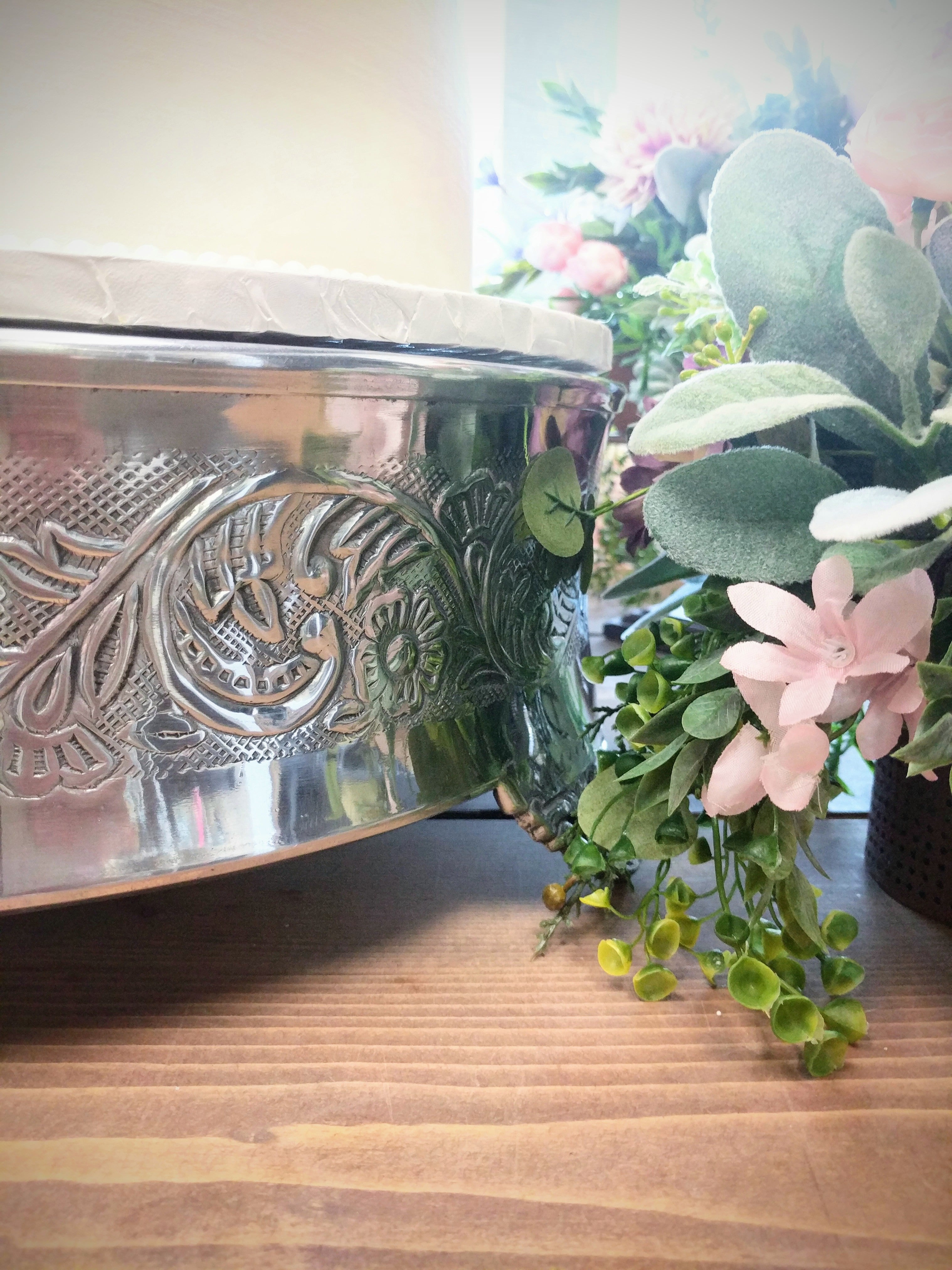 Silver 16" Floral Drum Cake Stand Rental - The Wedding Shop