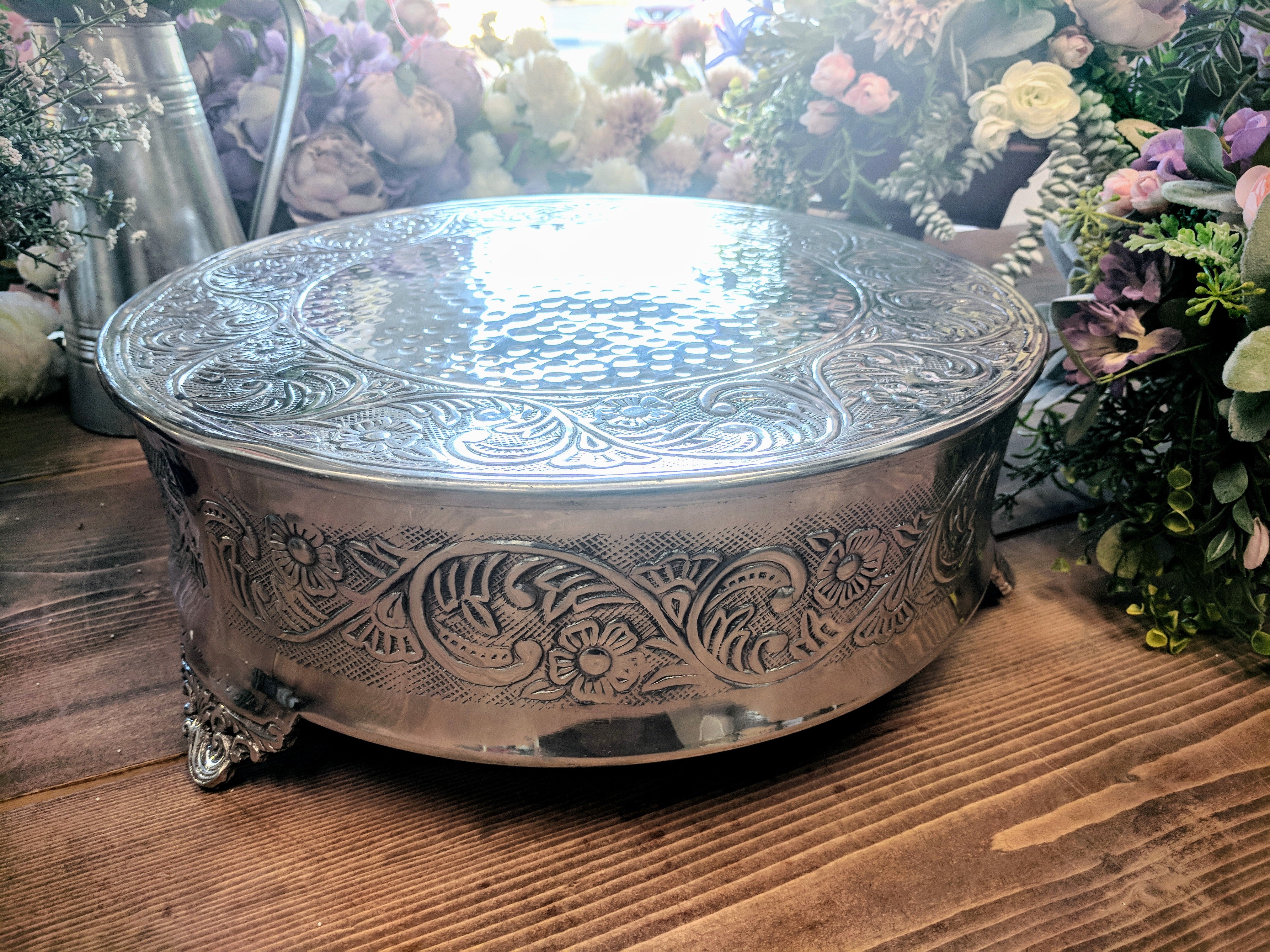 Silver 16" Floral Drum Cake Stand Rental - The Wedding Shop
