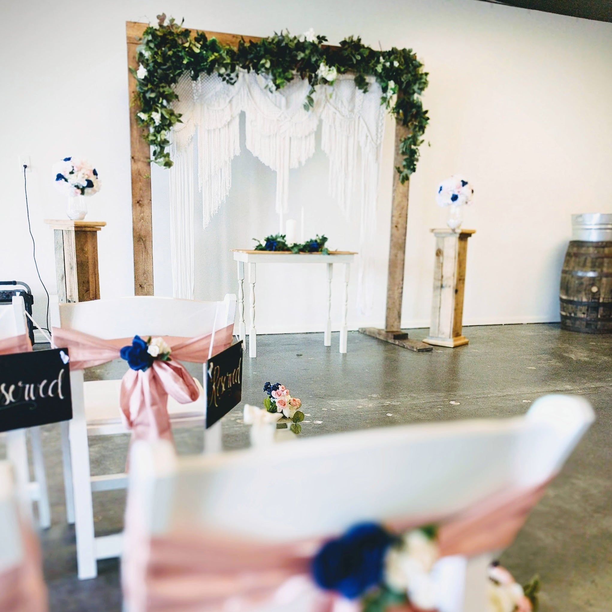 Boho Macrame Wedding arbor with wood arch included for rent in Panama City Beach FL