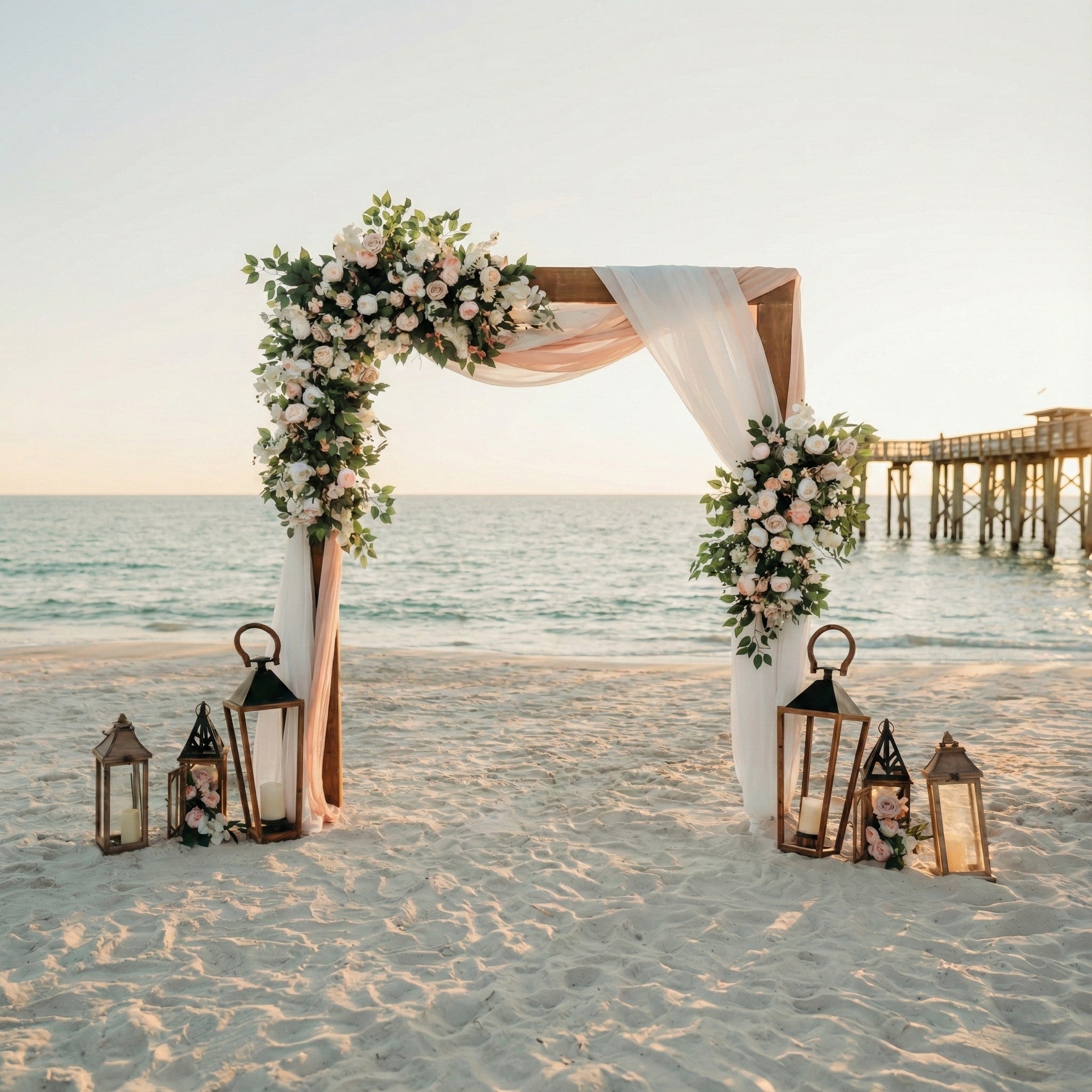 Decorative arch with flowers and lanterns on a sandy beach.