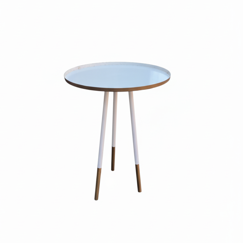 Round side table with a white top and gold legs on a white background