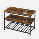 Wooden table with black metal frame and dimensions on a white background