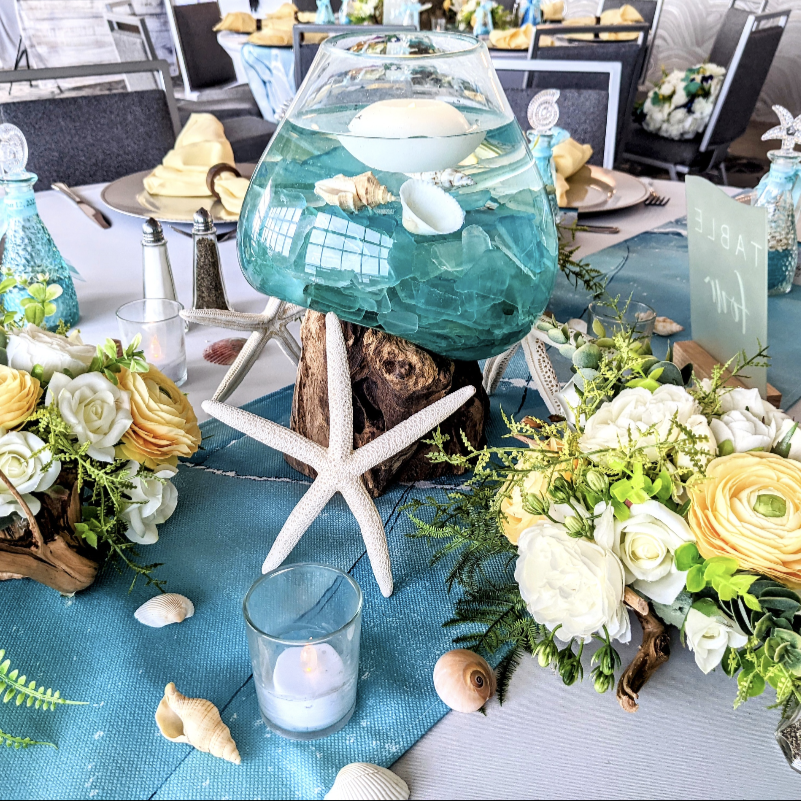 Stacked Fish Bowls with Seashells and Starfish Centerpiece