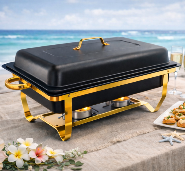 Black & Gold Chaffing Dish food warmer rental for weddings parties and events