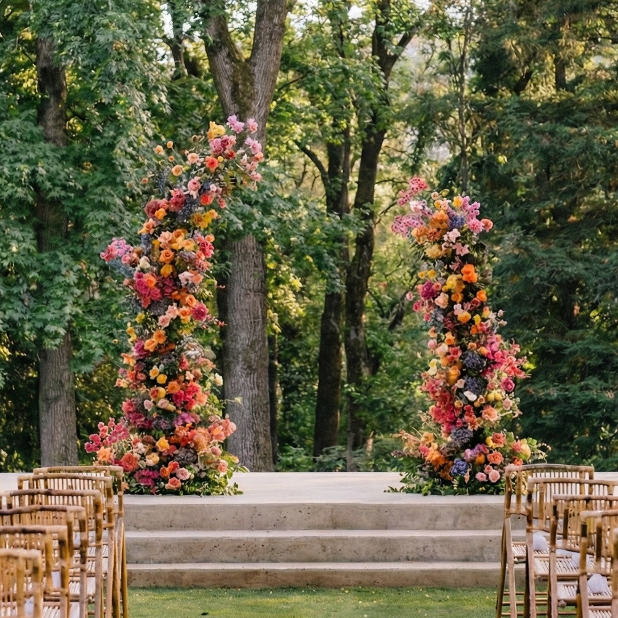 Floral archway setup for an outdoor wedding with bamboo chairs on either side in Panama City Florida