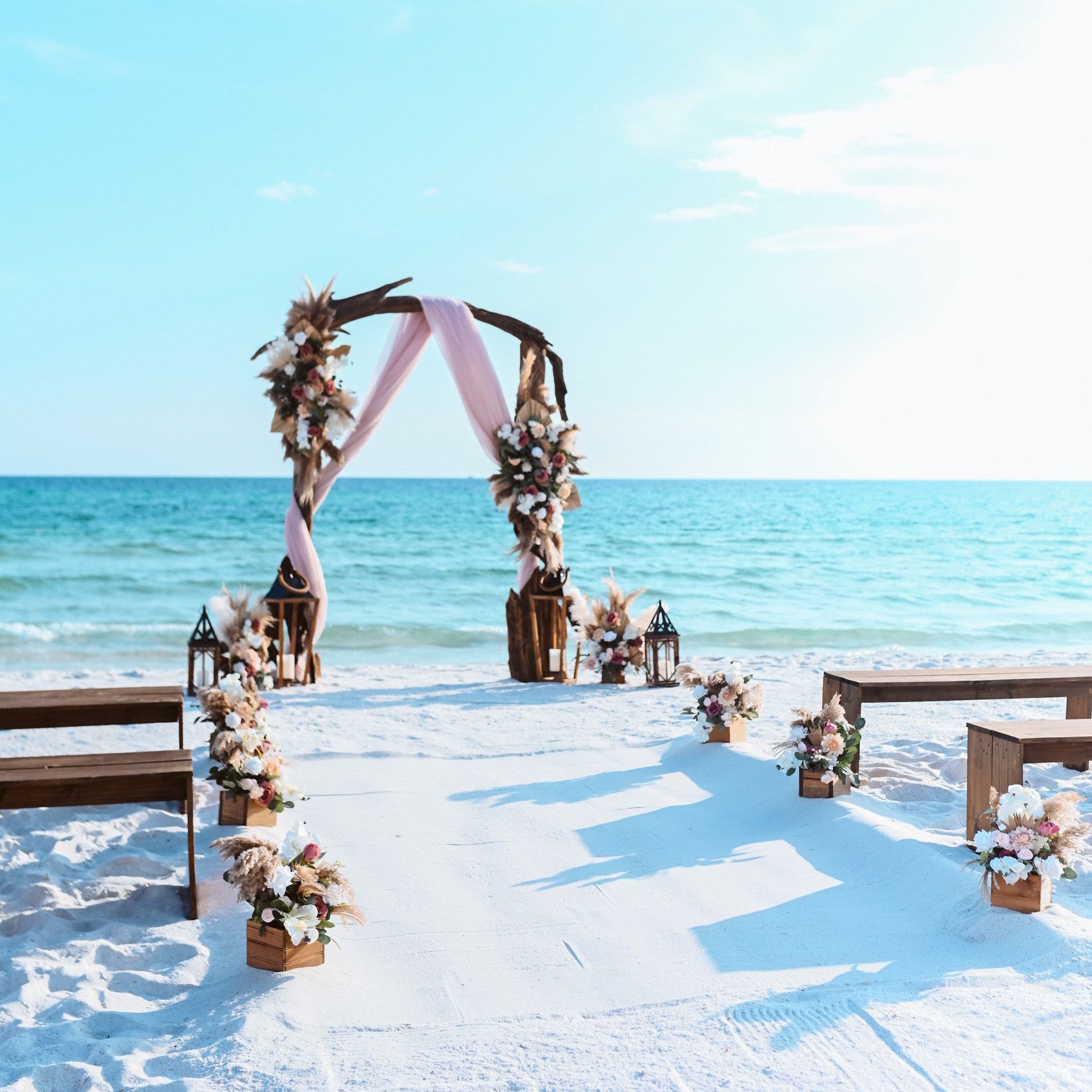 Brown wood bench rentals for outdoor weddings in Panama City Beach Florida