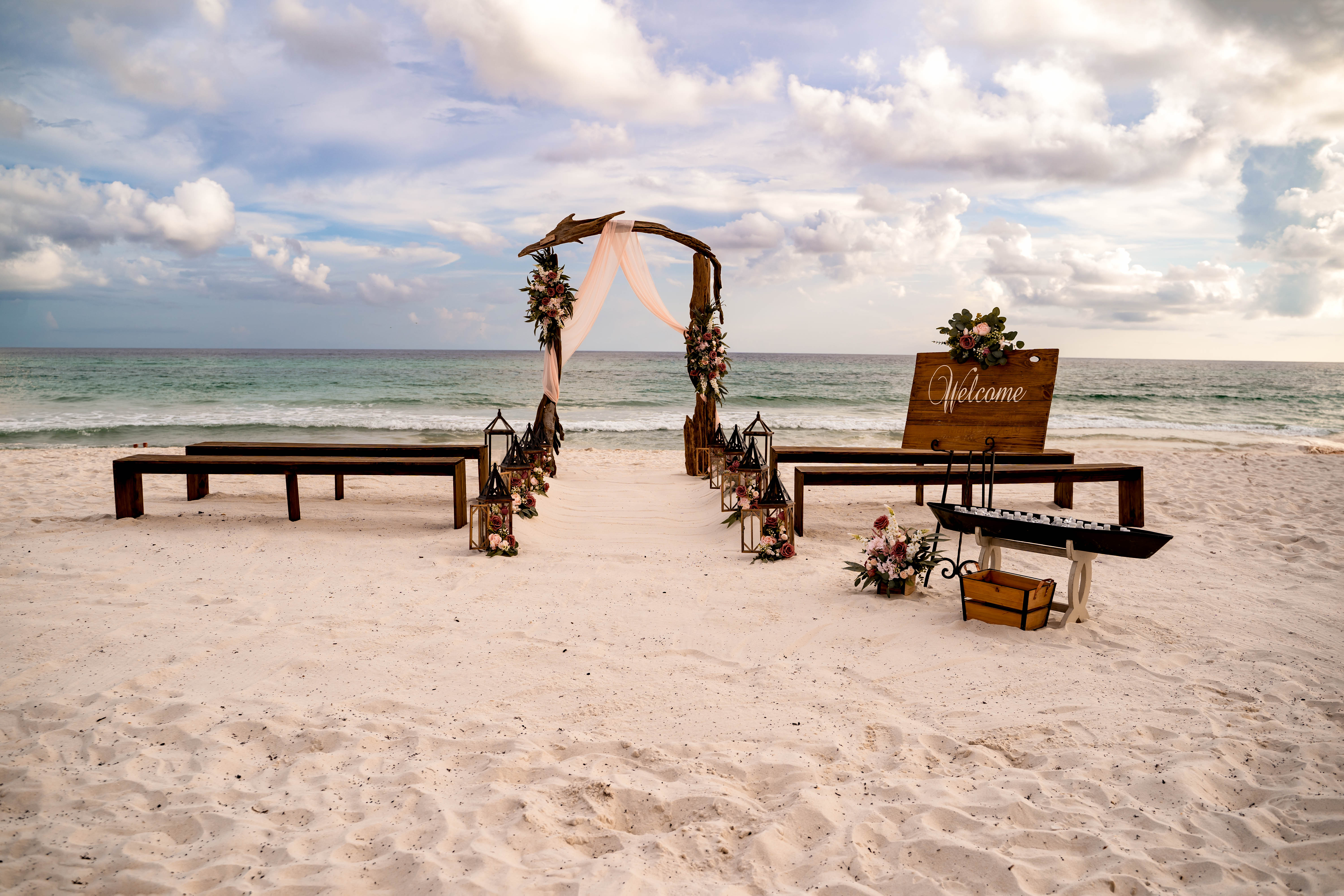 brown wood bench rentals for weddings in Panama City Beach Florida