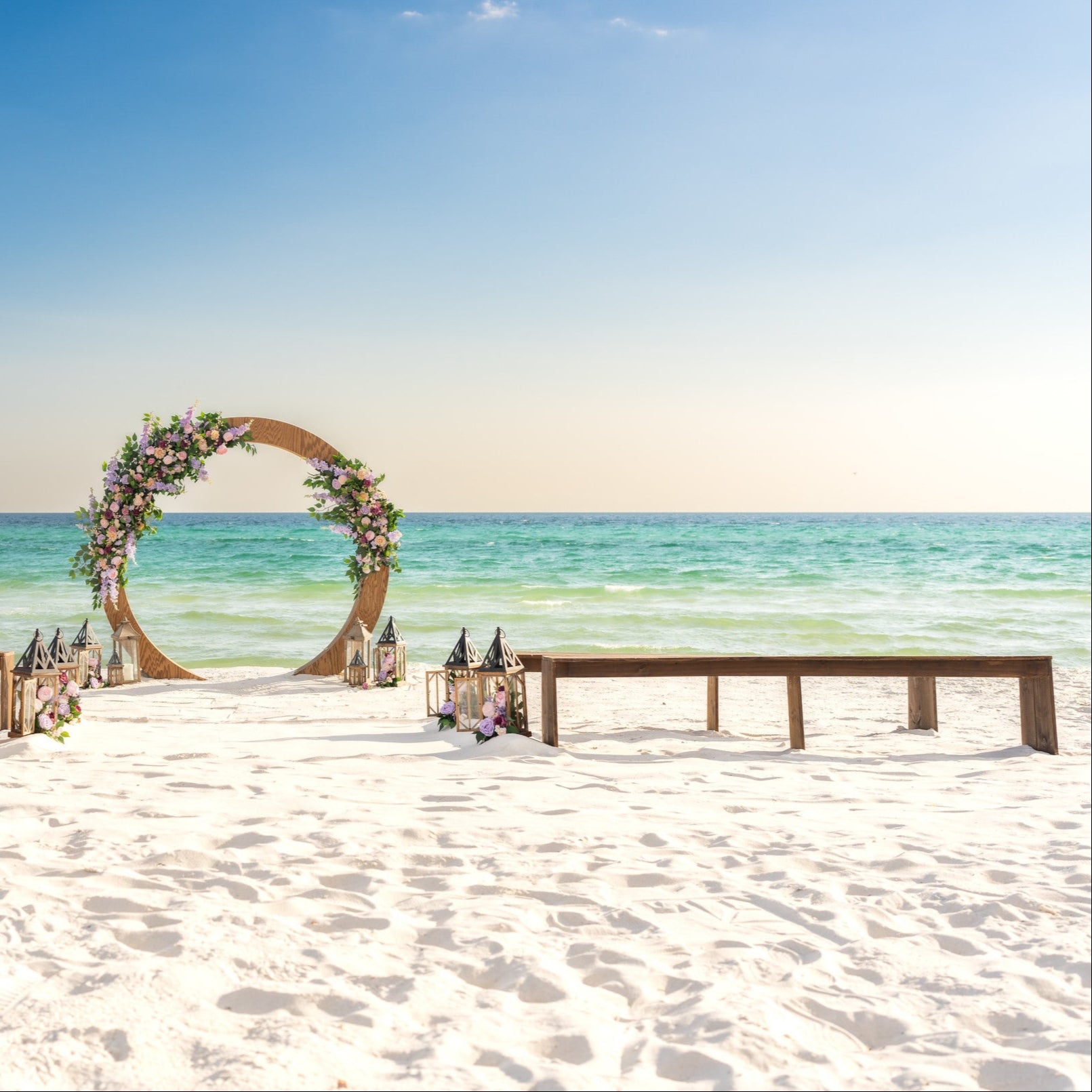 Brown wood wedding farmhouse bench rental in Panama City beach Florida PCB