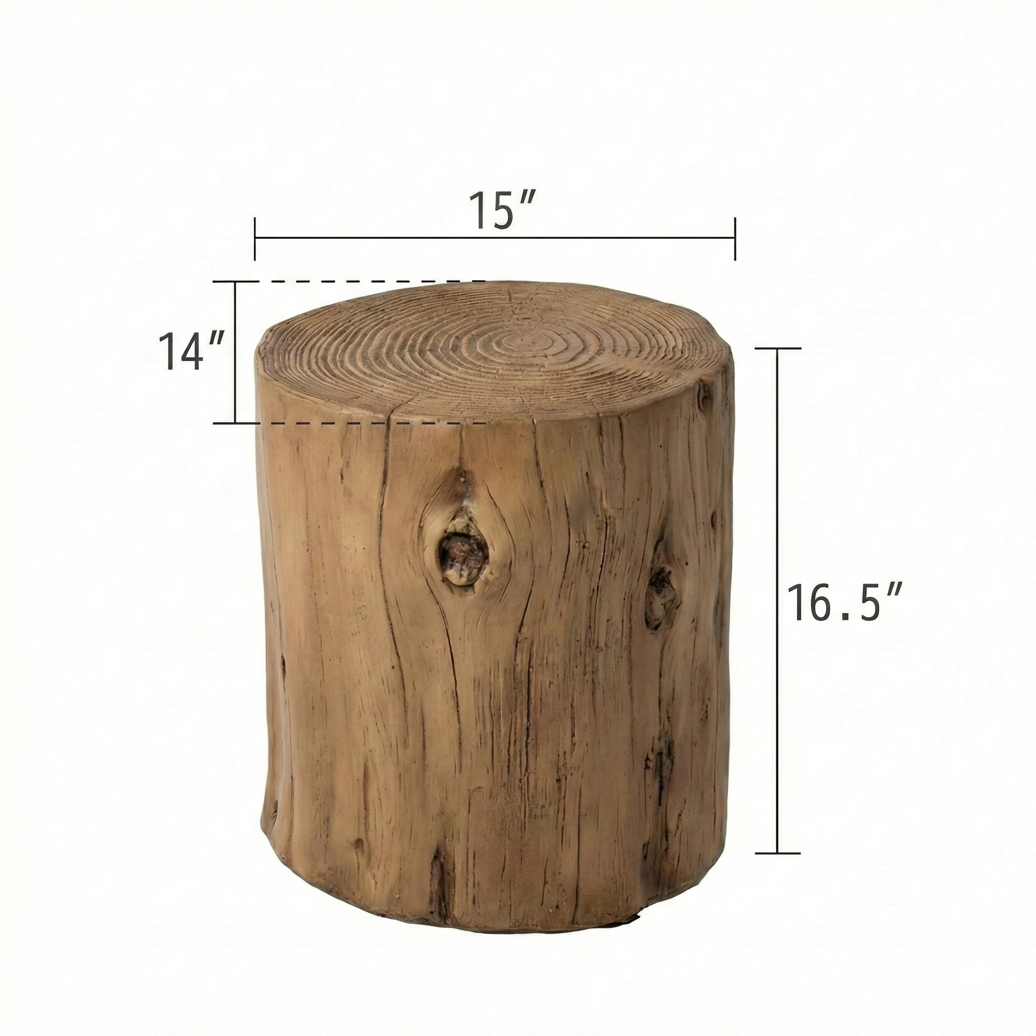 Wooden log stool with dimensions labeled on a white background