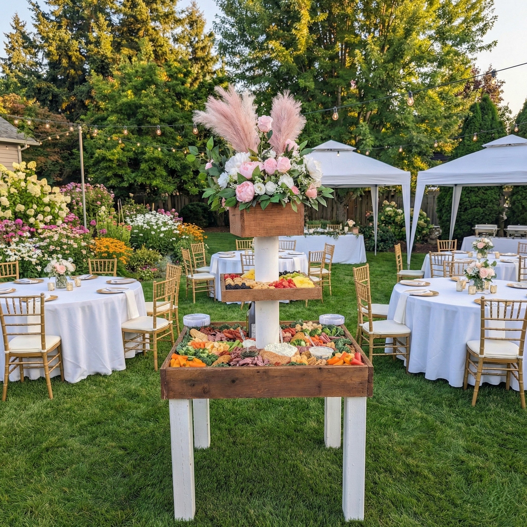 Outdoor event with tables, chairs, and a floral centerpiece in a garden setting.