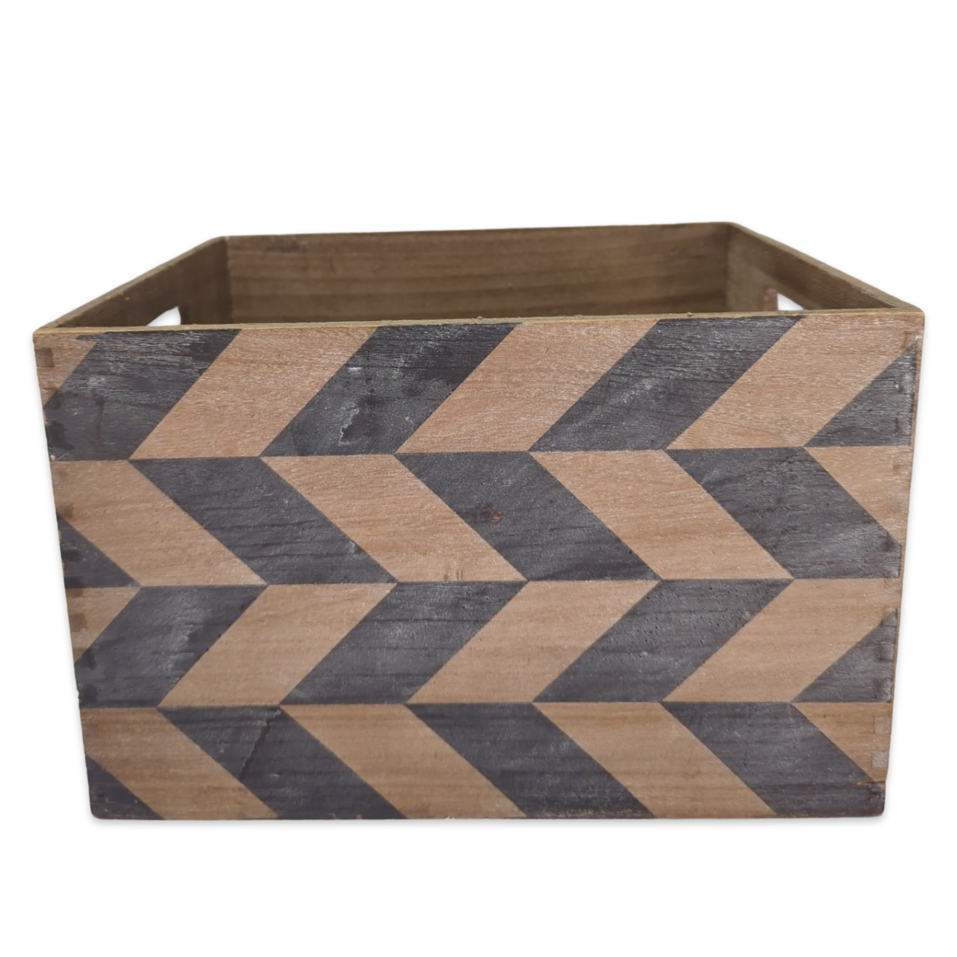 wooden crate with chevron design on sides and handle cut outs for wedding picnic or event display flowers party favors and more