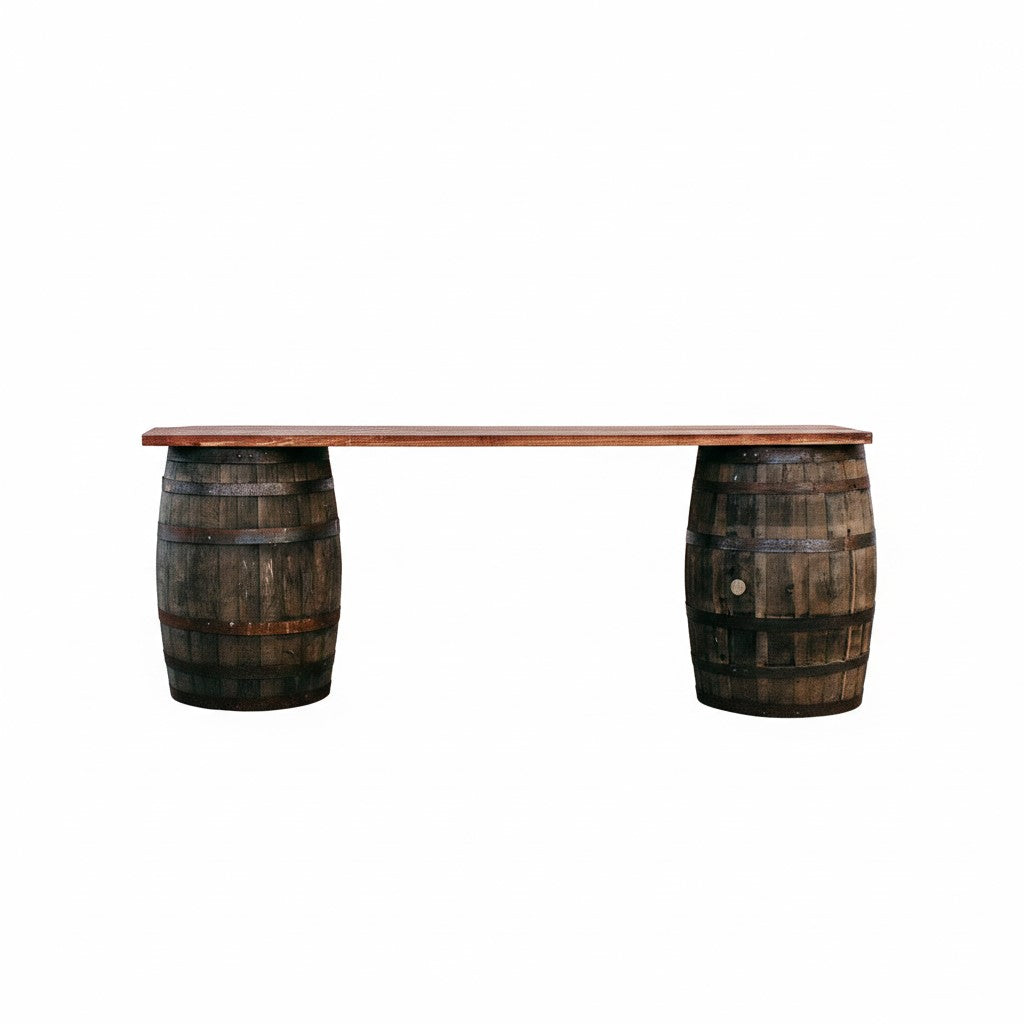 Wooden table rental with two barrel bases on a white background