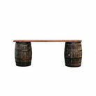 Wooden table rental with two barrel bases on a white background