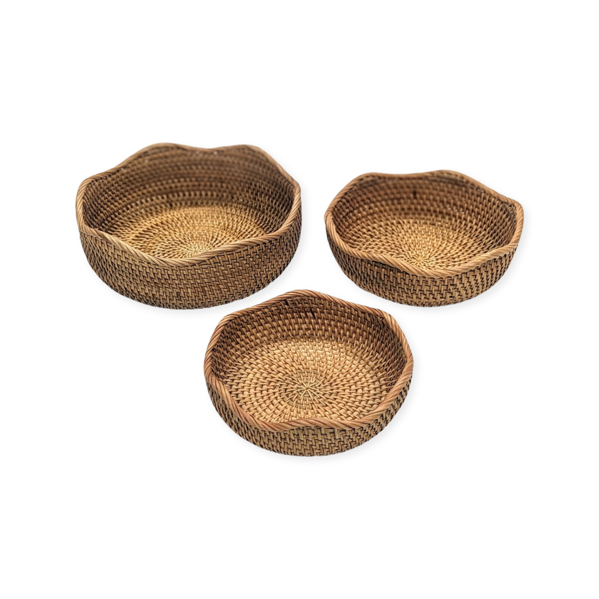 nesting baskets featuring natural warm caramel weave and scalloped edge for beach or boho wedding or special event