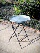 rustic tray table black legs with galvanized top and rope handles rental for wedding party or event