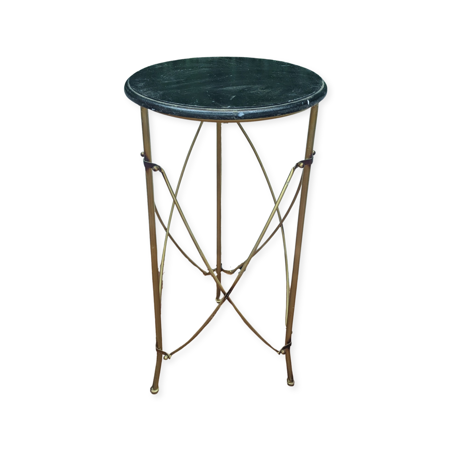 small accent table with round black top and decorative gold metal legs