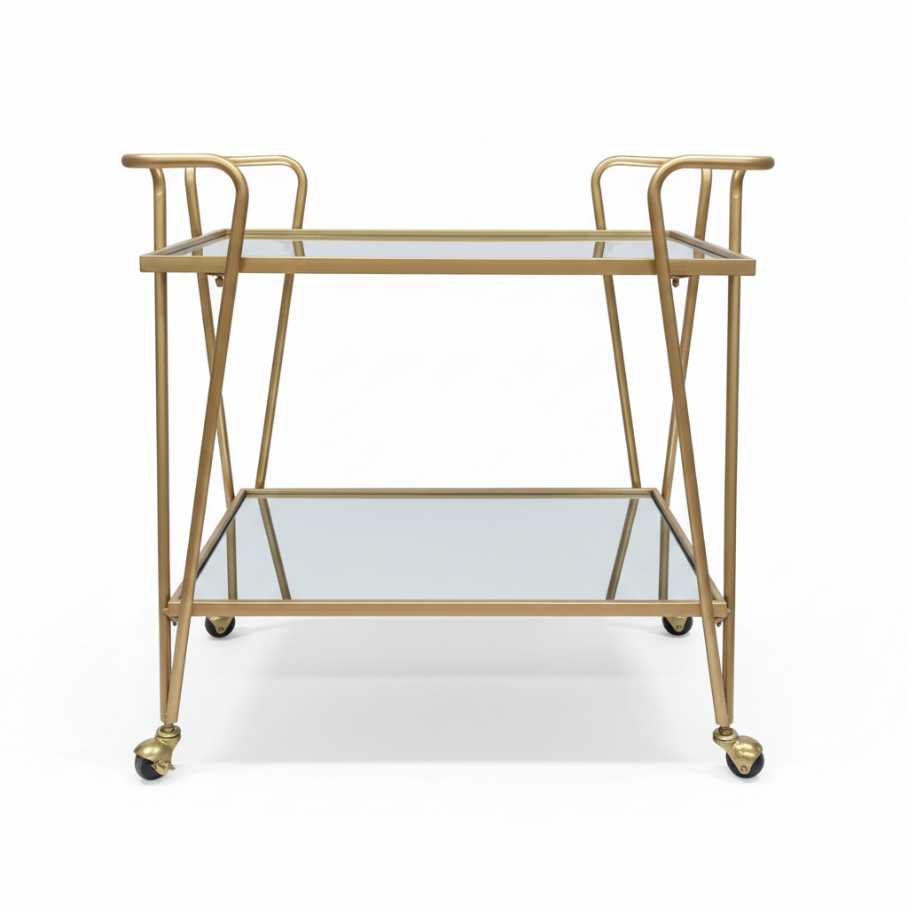 Gold bar cart rental with mirror shelves on a white background