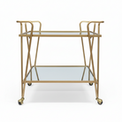 Gold bar cart rental with mirror shelves on a white background