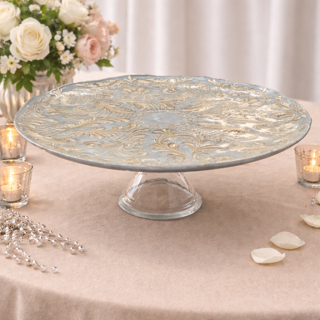 Delicate Gold Embossed Blue top cake stand with clear base