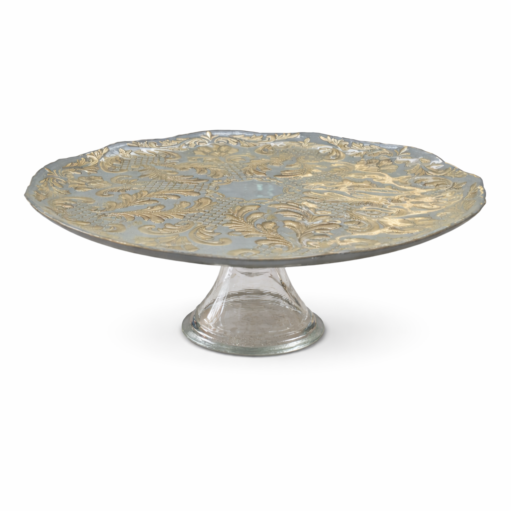 Delicate Gold Embossed Blue top cake stand with clear base