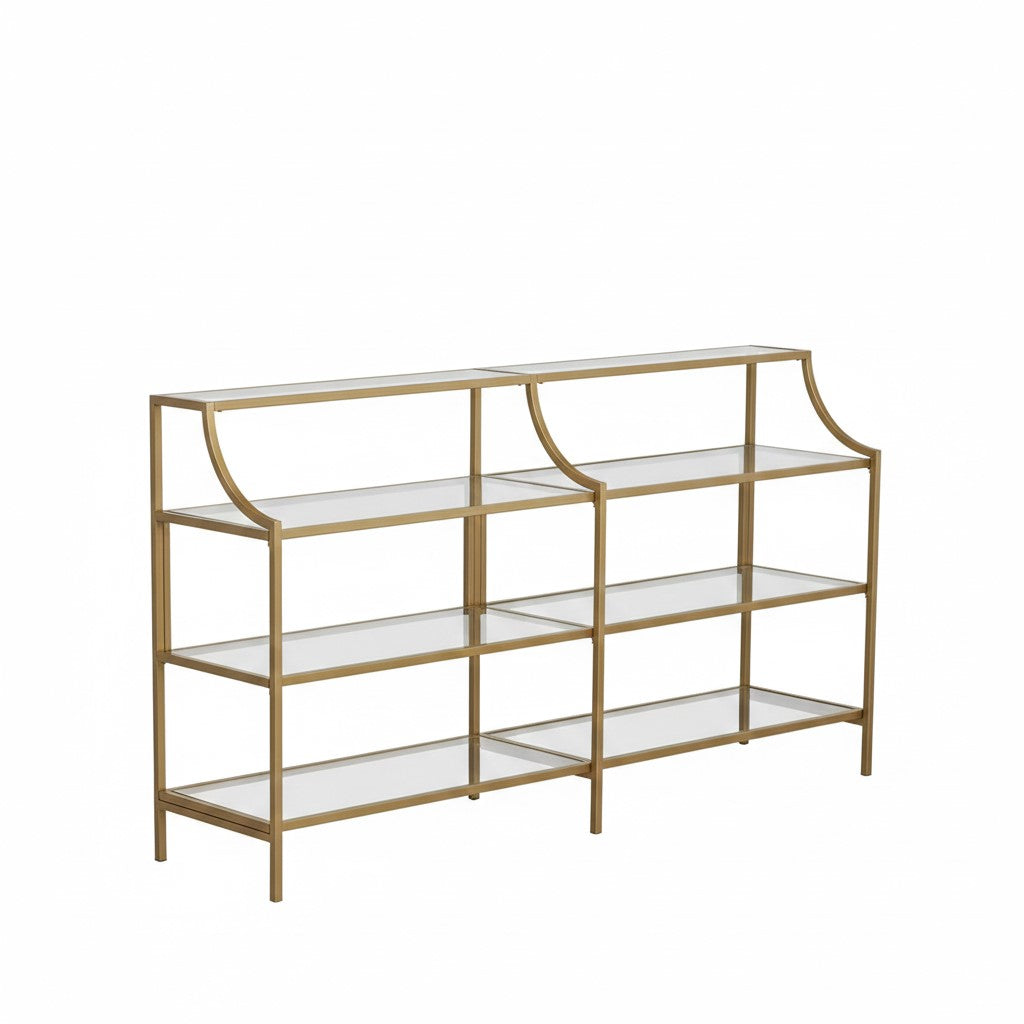 Gold metal console table with glass shelves on a white background