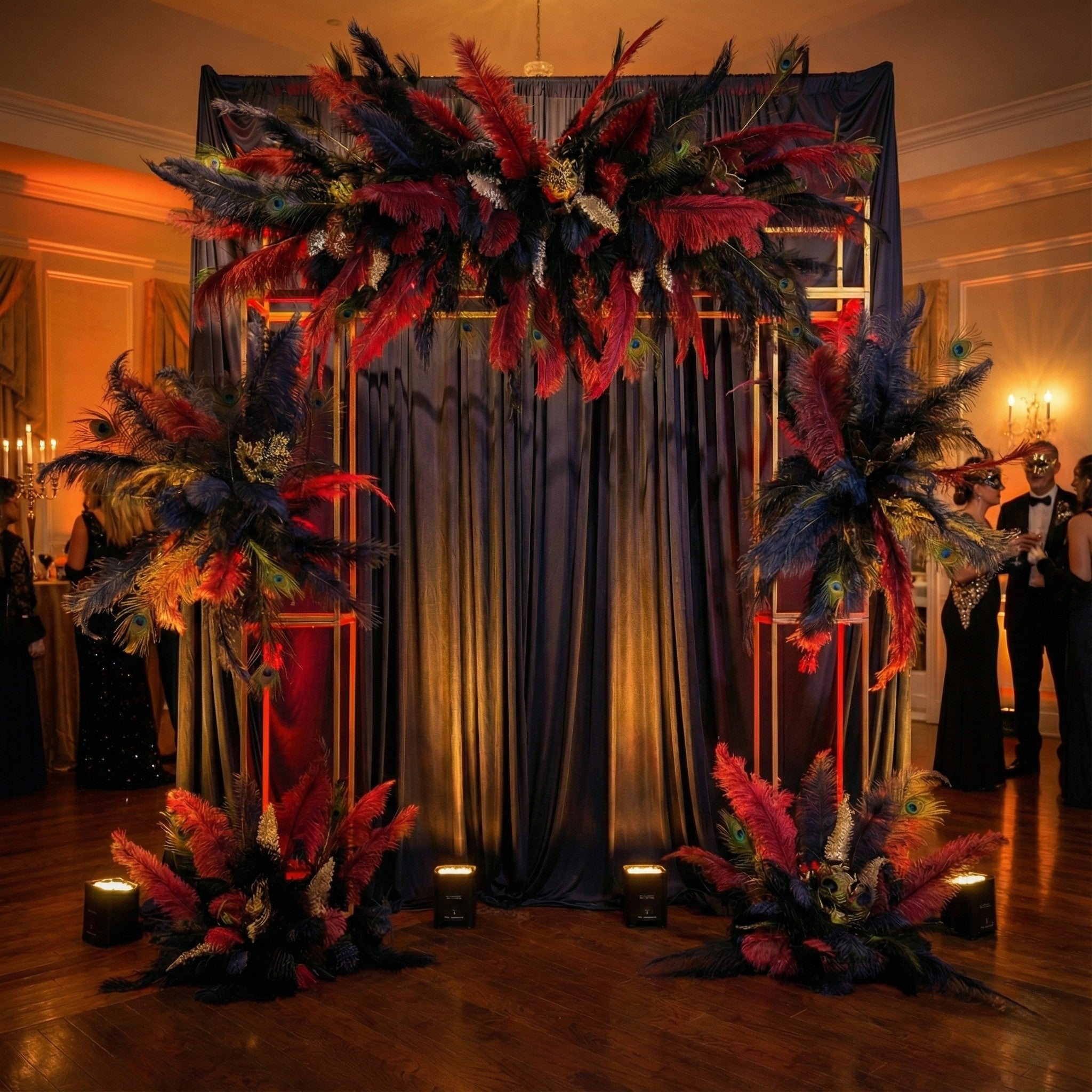 Decorative arch with feathers and flowers in a formal setting