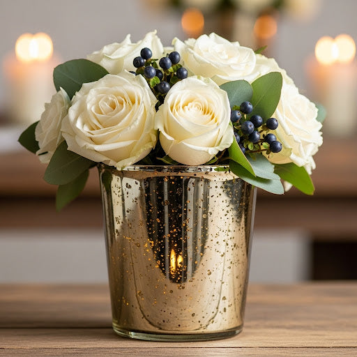 gold mercury glass votive holder with flowers rental in panama city beach 