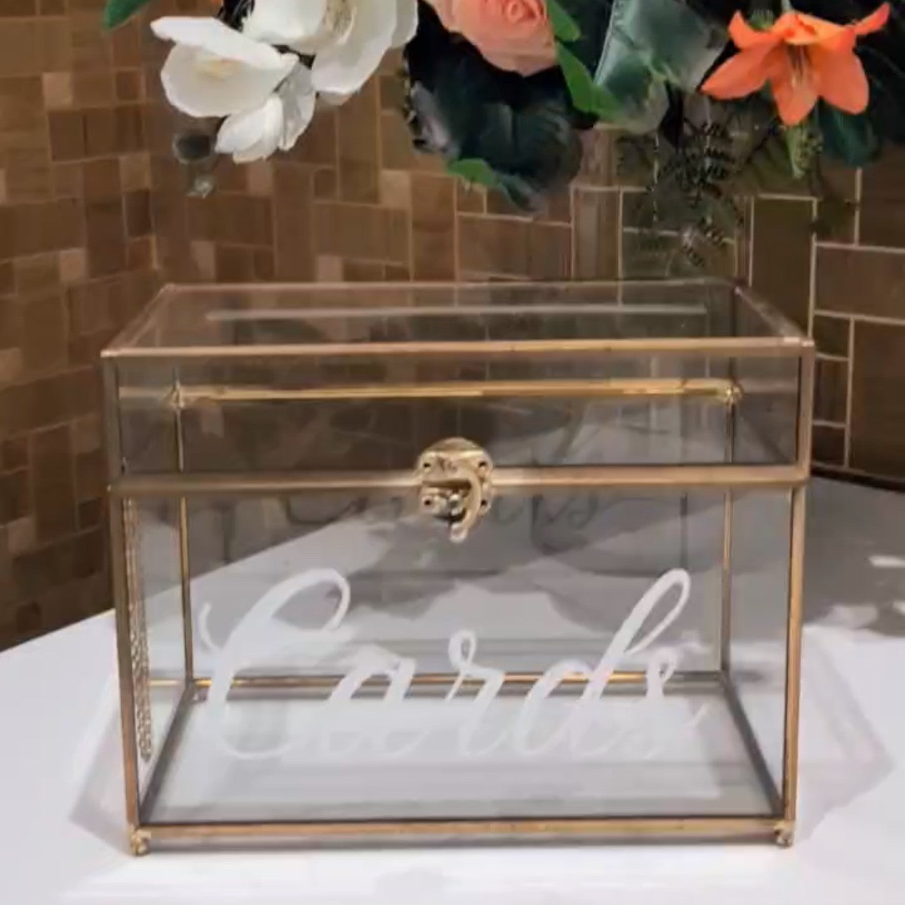 acrylic gold trimmed card box rental