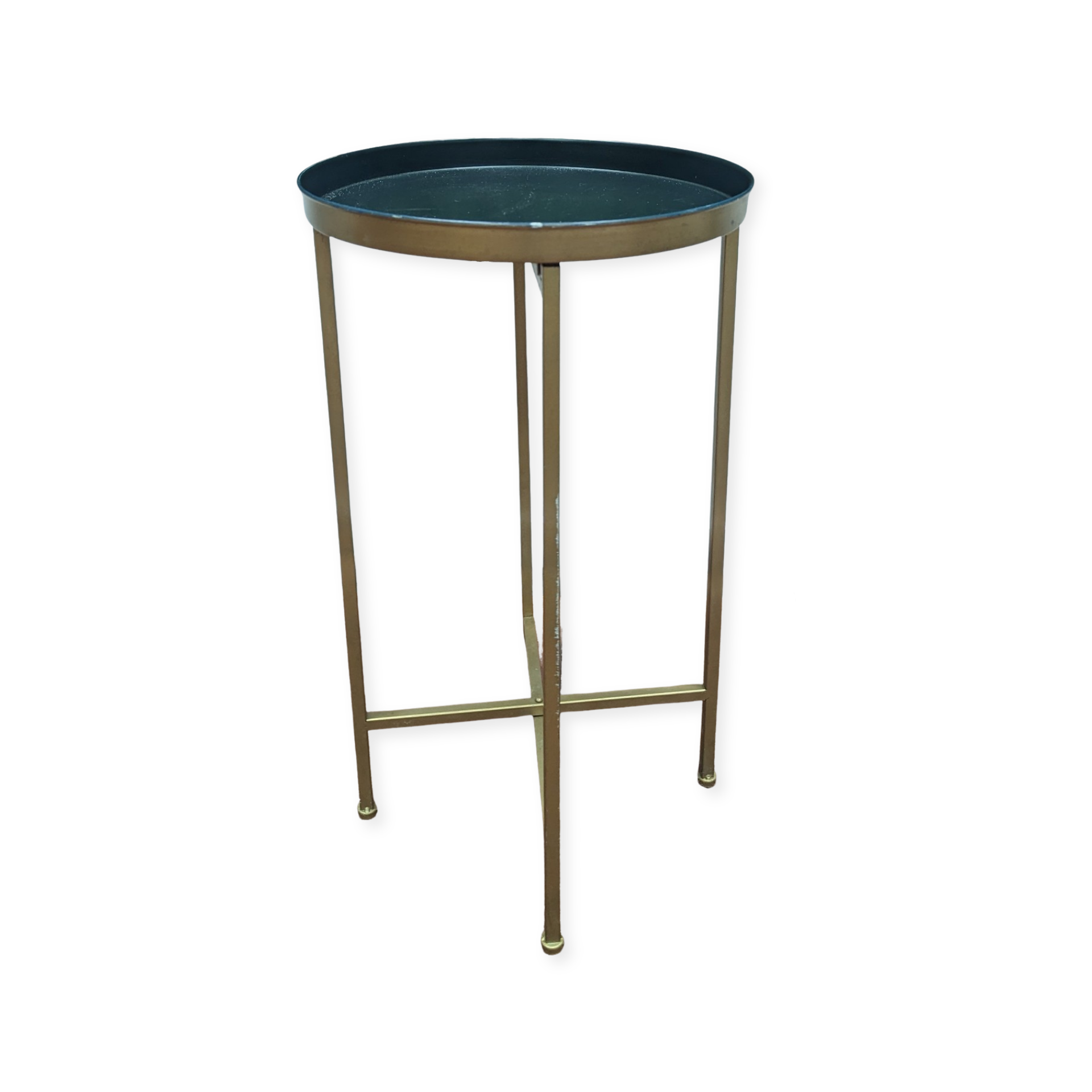 gold unity table with small round black tray top and gold legs 