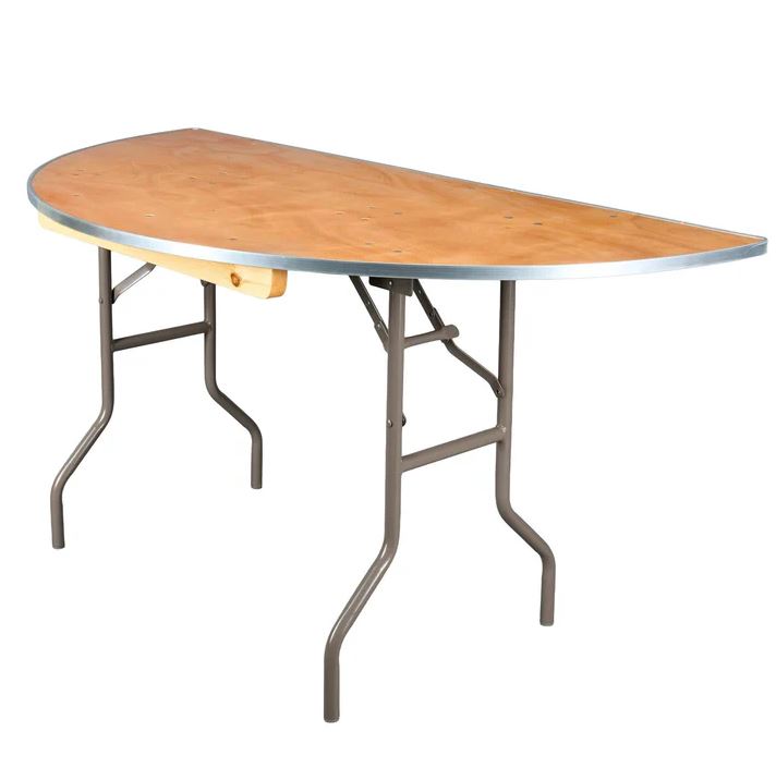 Wooden half circle folding table rental in panama city beach 30a with metal frame on a white background