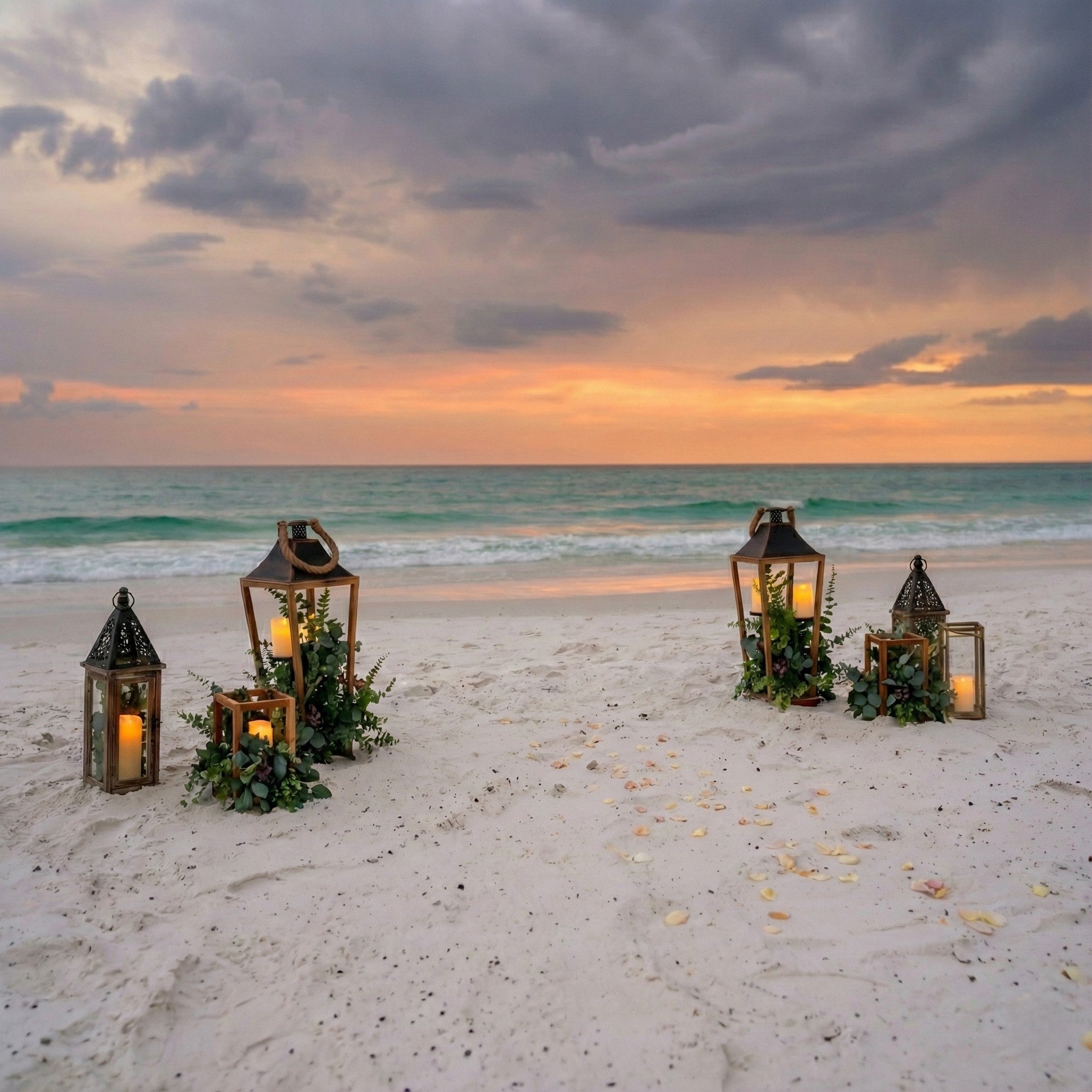 Decorative lanterns with candles on a sandy beach at sunset.