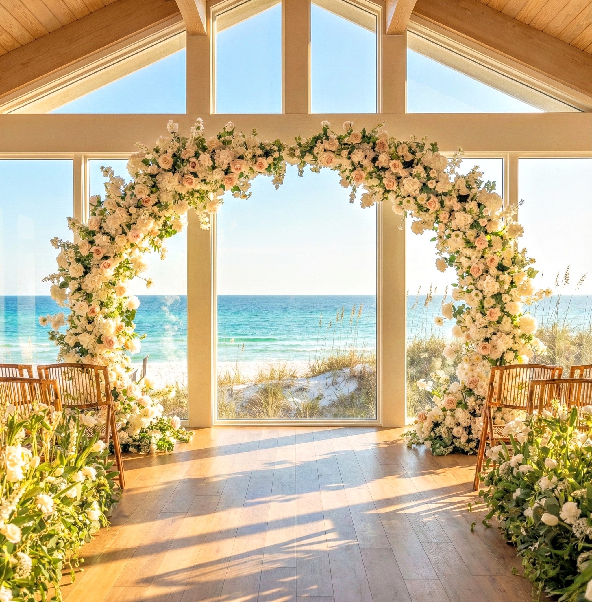 Floral archway in a room with large windows overlooking the Gulf in Panama city beach