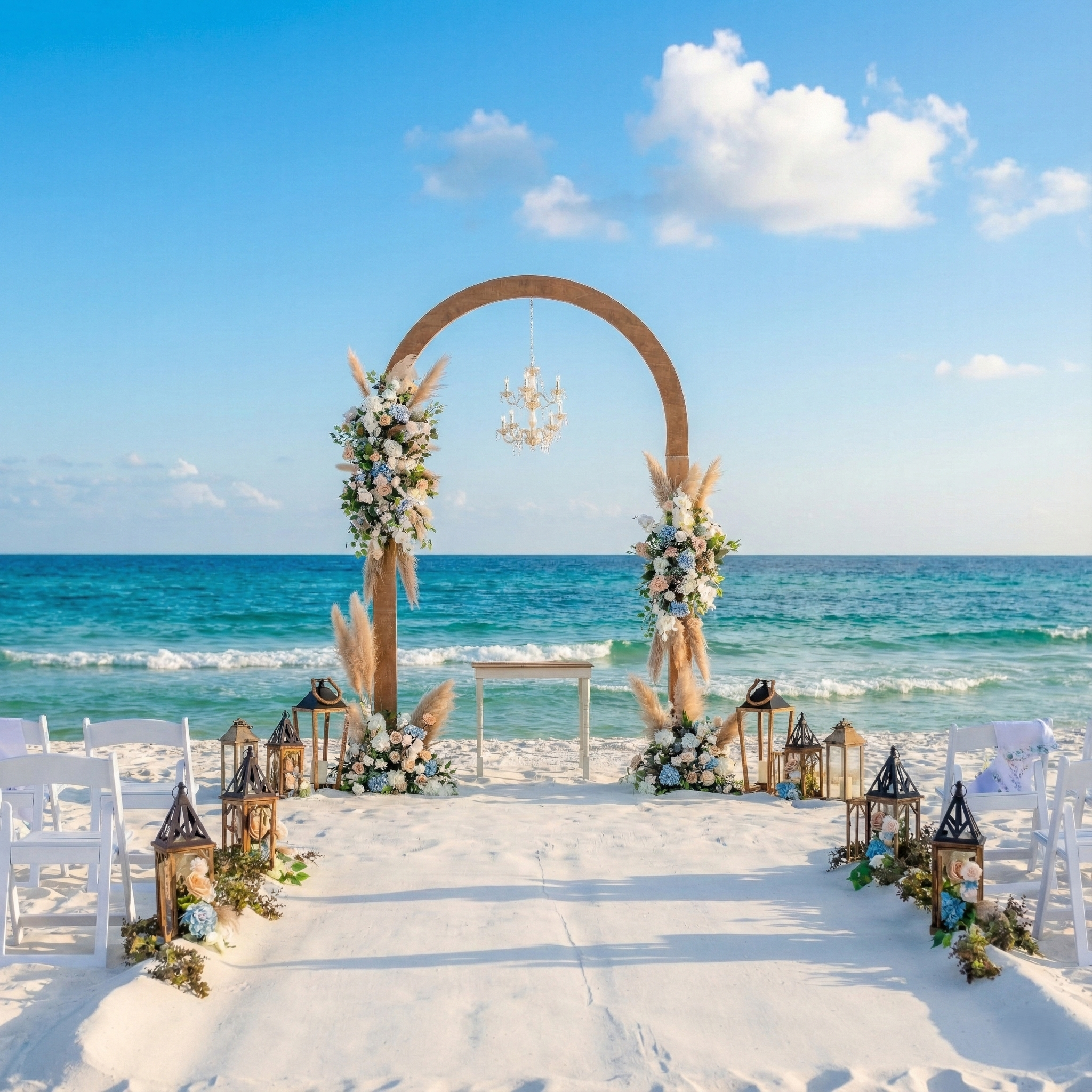 Beautiful Beach wedding setup with wood dome floral arch and lanterns against a blue sky and ocean.
