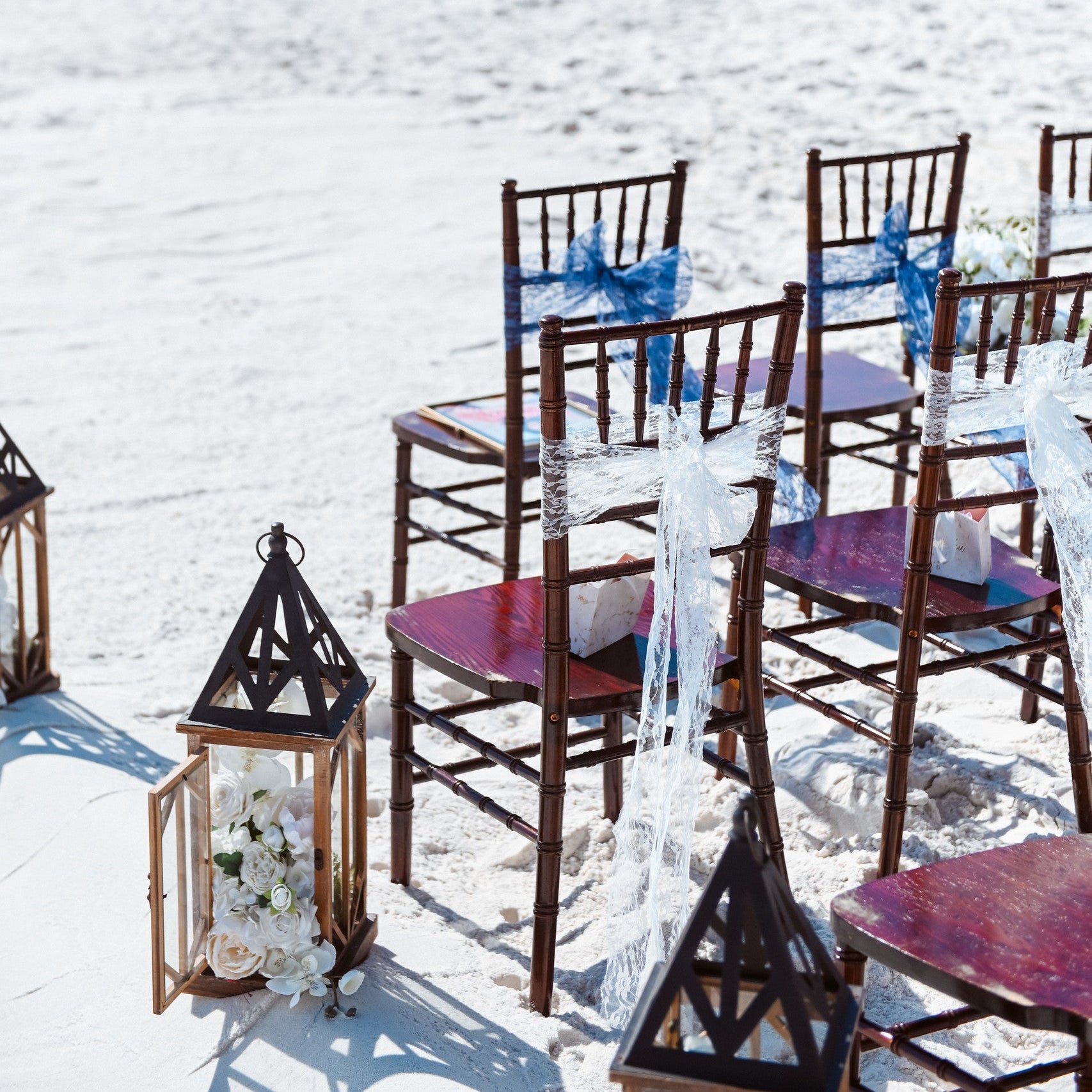 Mahogany chiavari chair rentals for weddings in panama city beach with lace chair sash rental add on