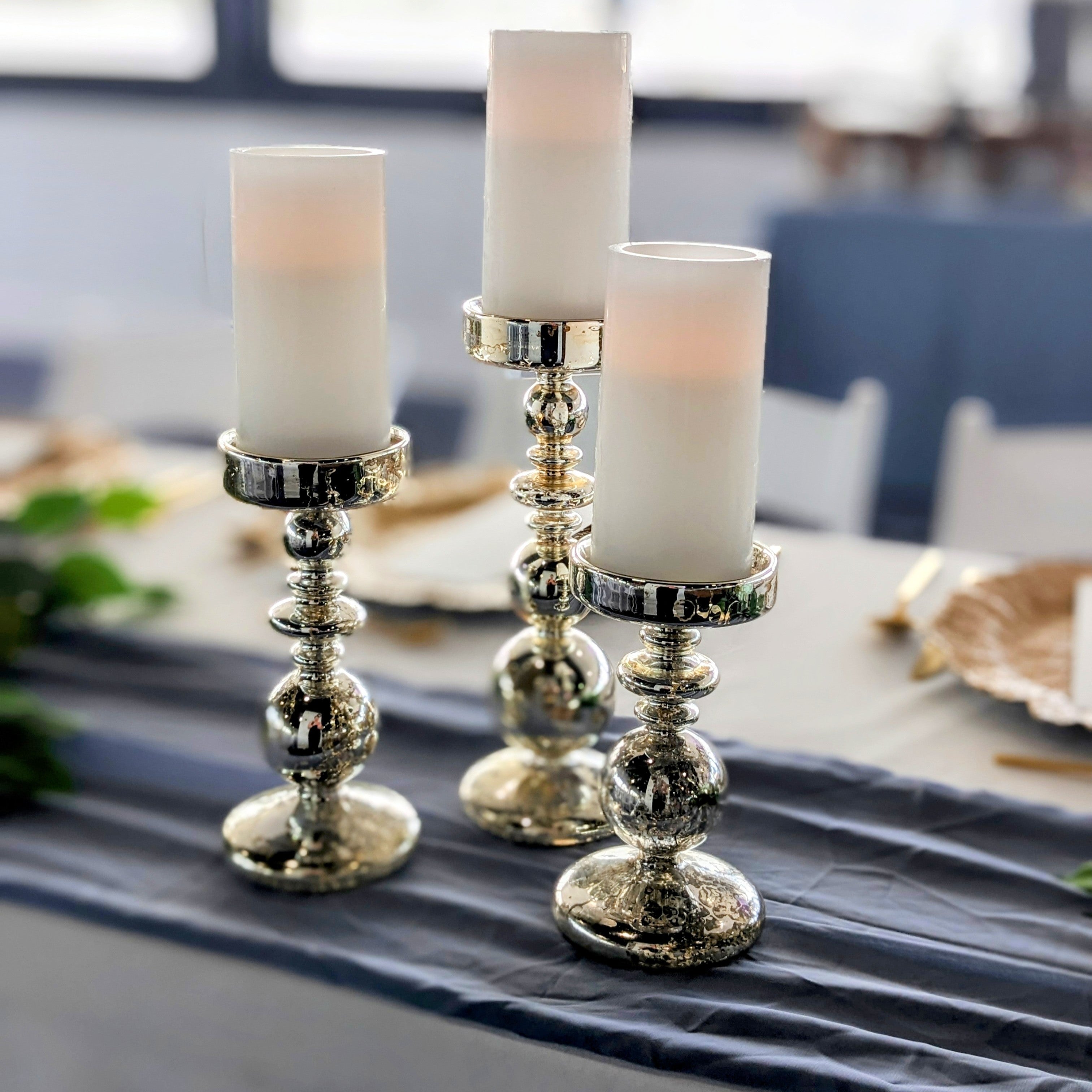 Mercury glass bubble pillar candle holder rental in panama city beach