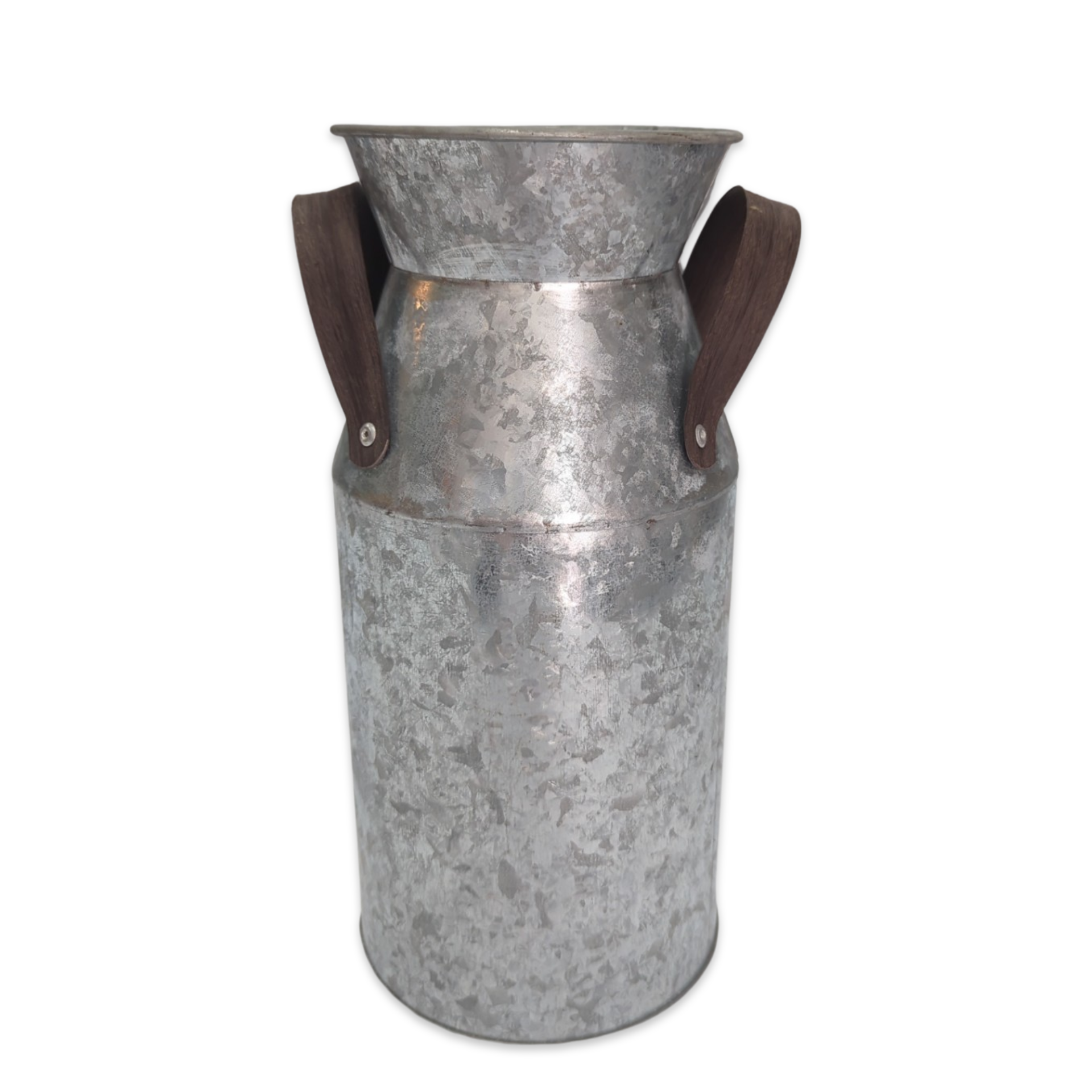 galvanized metal milk pail with brown leather handles vintage decor piece great for display or decor at wedding party picnic or event