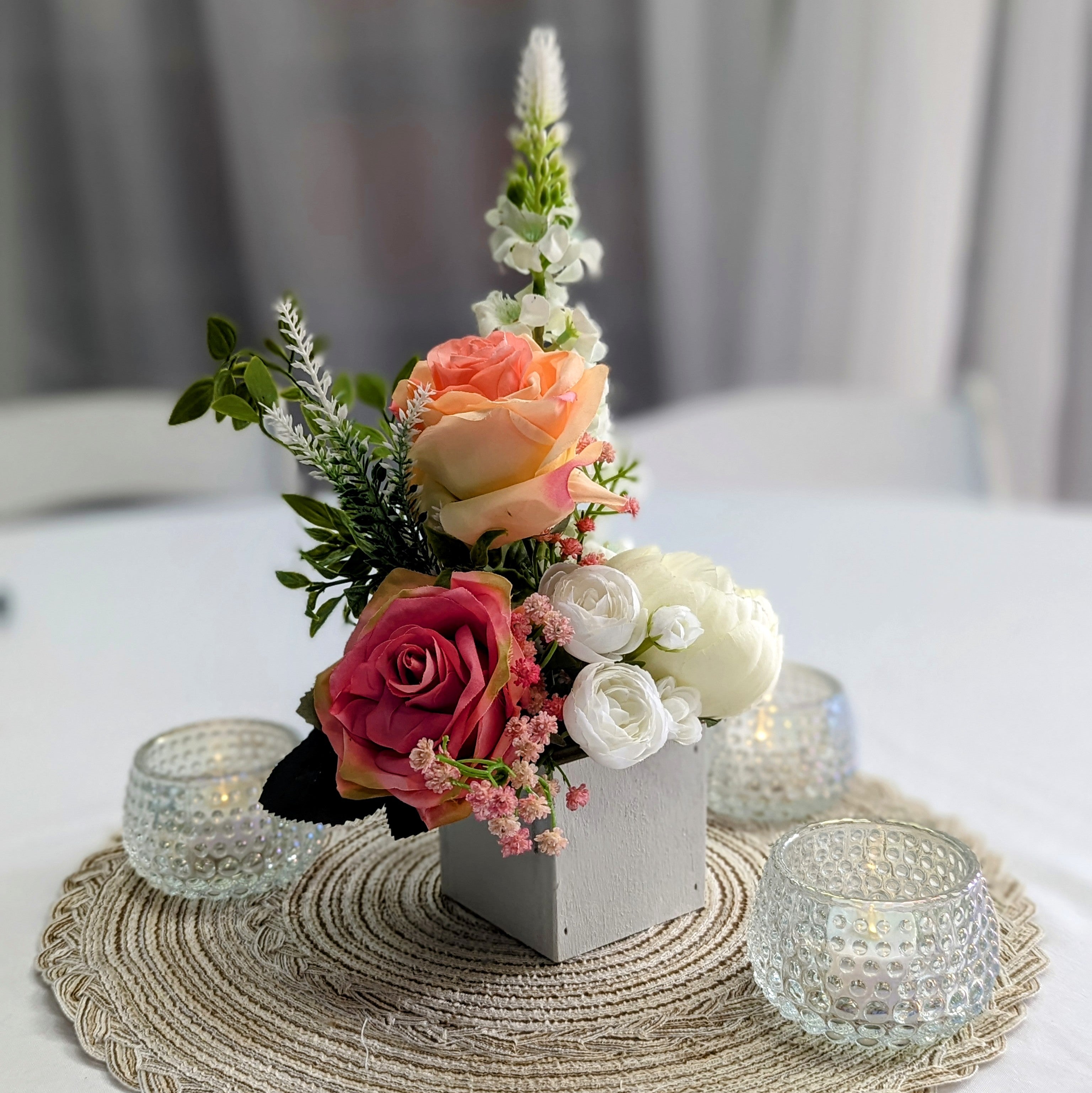 white mini floral box centerpiece rental in panama city beach custom made