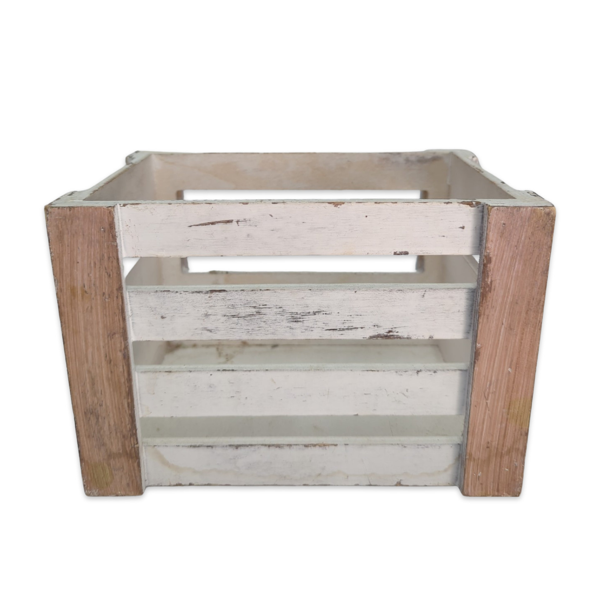 mini wooden crate with rustic or boho white wood sides and natural wood corners for wedding or event decor