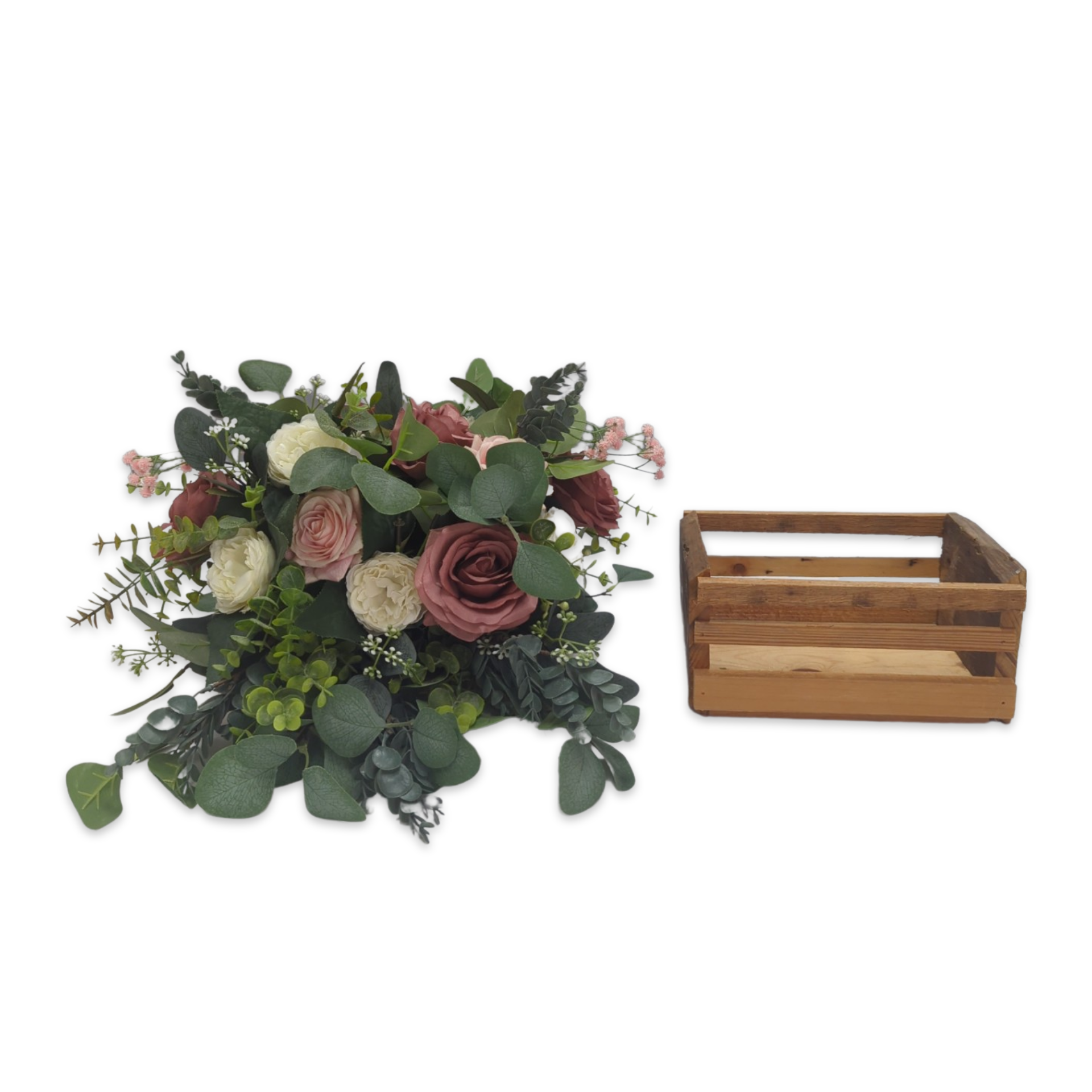 mini wooden floral crate in natural honey wood tone for wedding party or special occasion decor