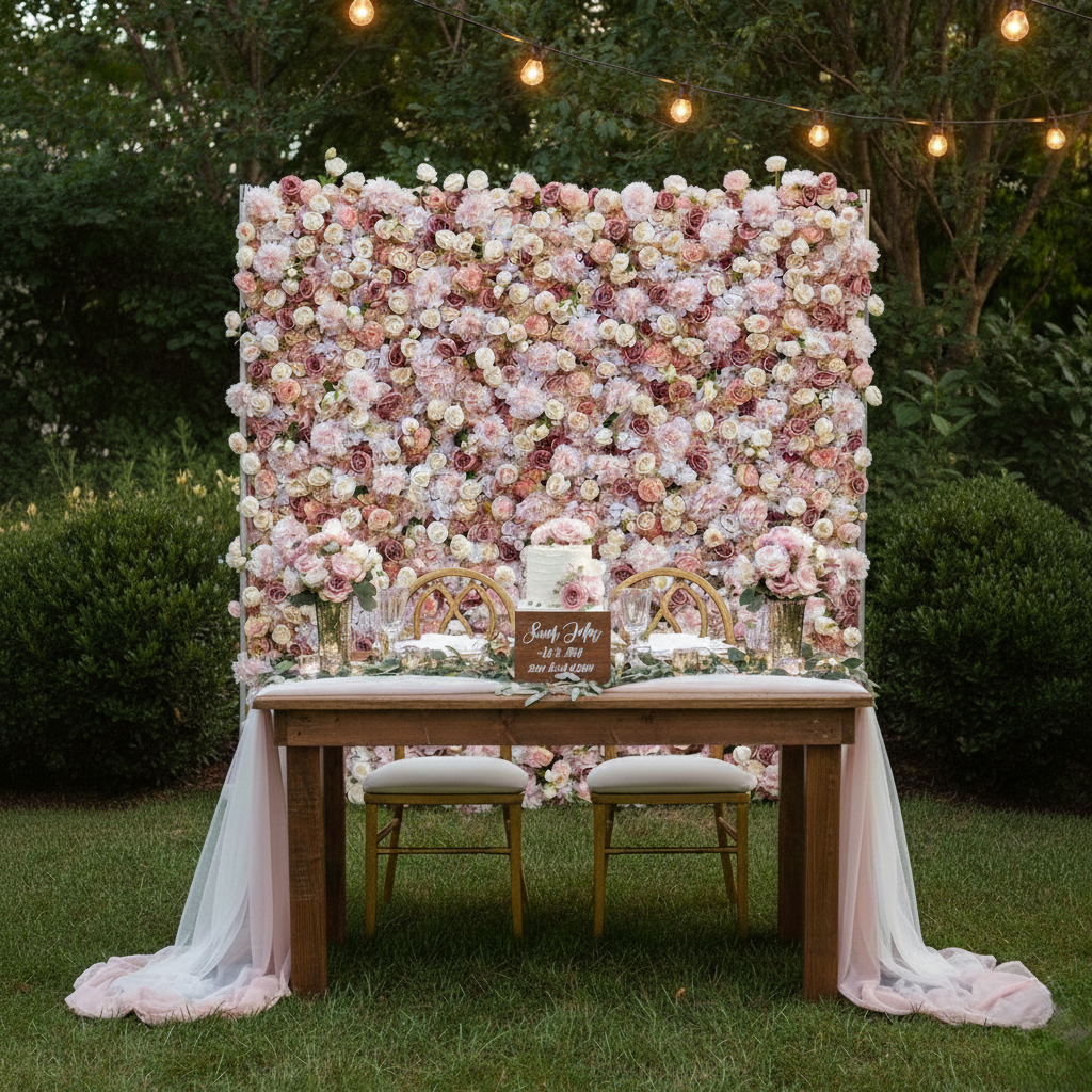pink flower wall backdrop rental in Panama City Beach