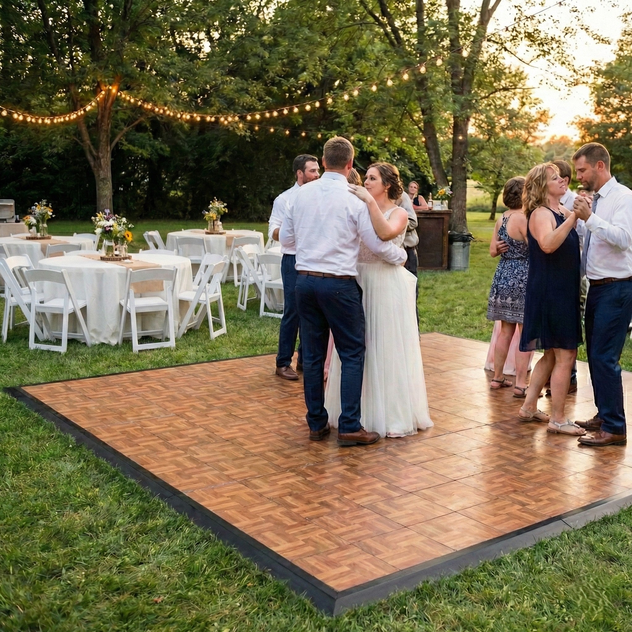 Wood dance floor for backyard wedding in Panama City Beach.