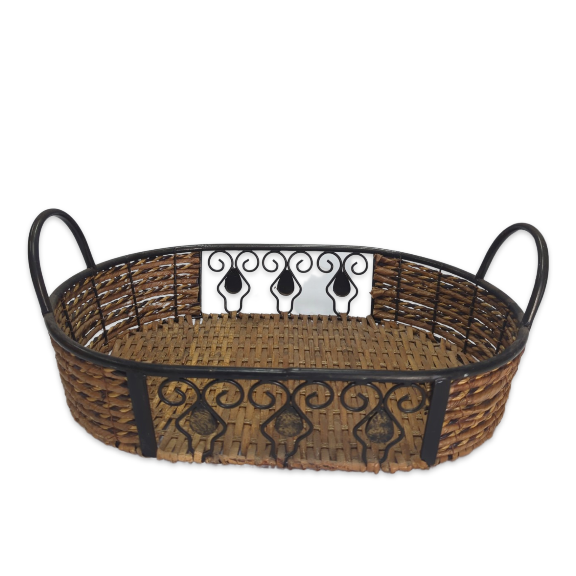 brown wicker basket with black metal handles use as decor or serving tray