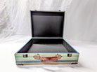 blue green and wood vintage suitcase with metal and leather details for wedding or party use as a card holder or display 