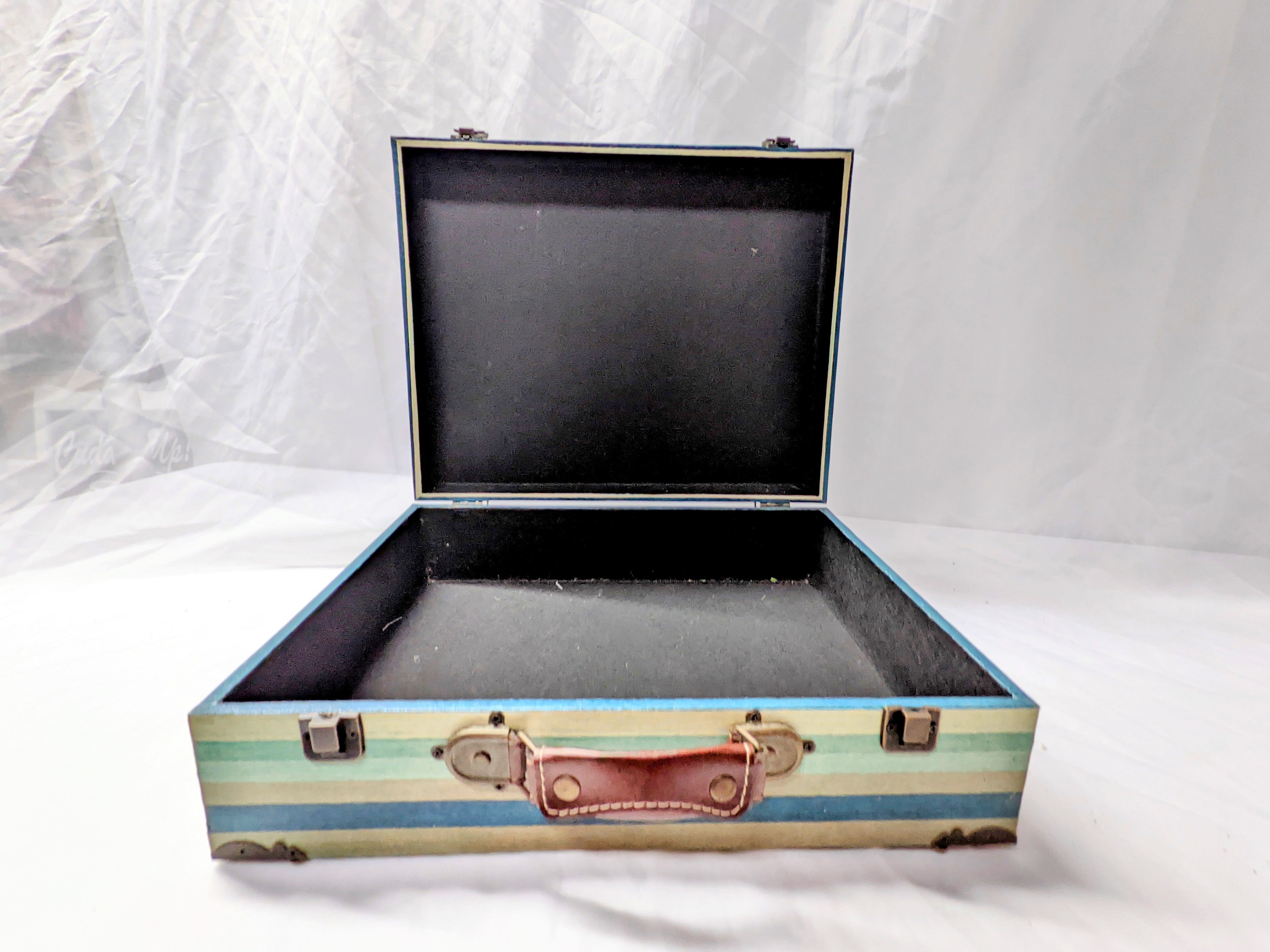 blue green and wood vintage suitcase with metal and leather details for wedding or party use as a card holder or display 