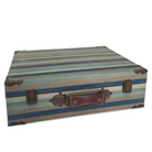 blue green and wood vintage suitcase with metal and leather details for wedding or party use as a card holder or display 