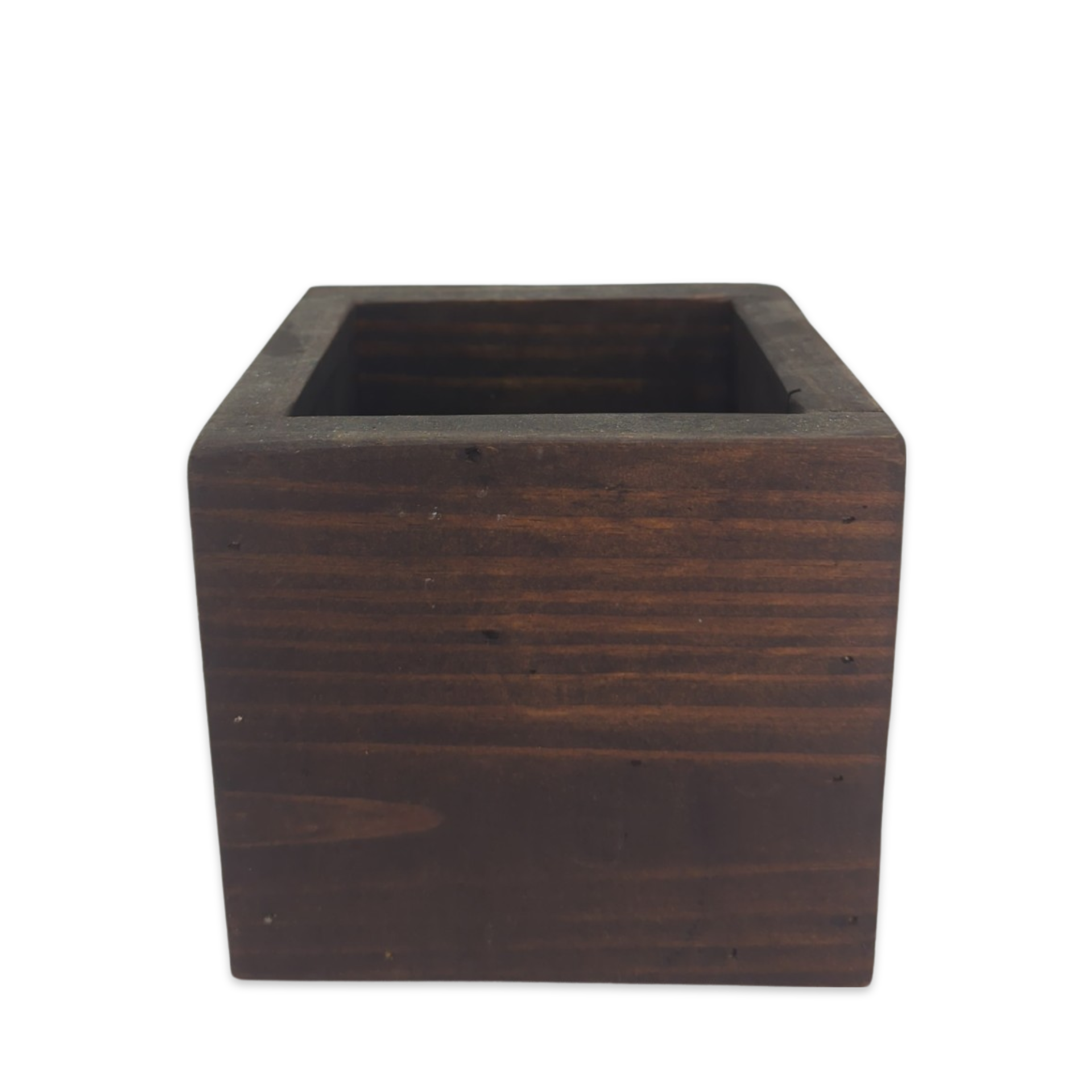 small square floral box made from dark stained wood use as flower holder for centerpiece or pen holder at guest table 