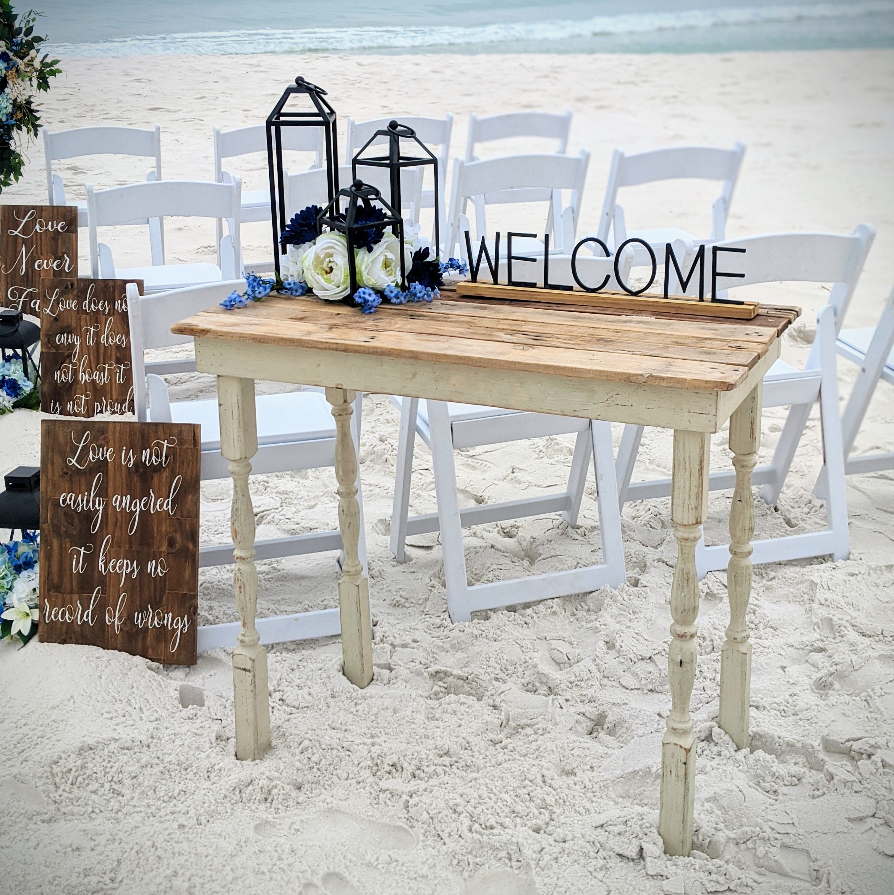 rustic charming wooden display table for wedding or event to display welcome sign decor or guest book 