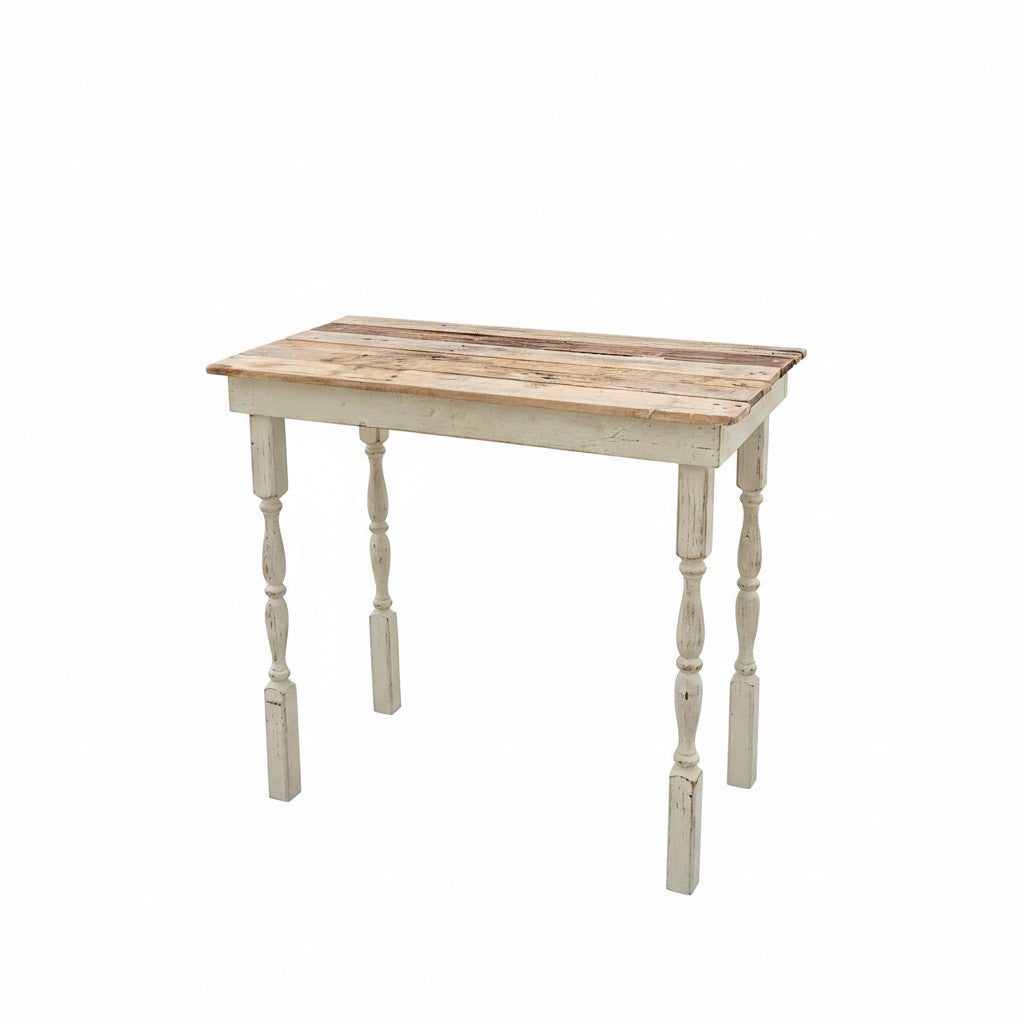 Wooden table with distressed finish on a white background