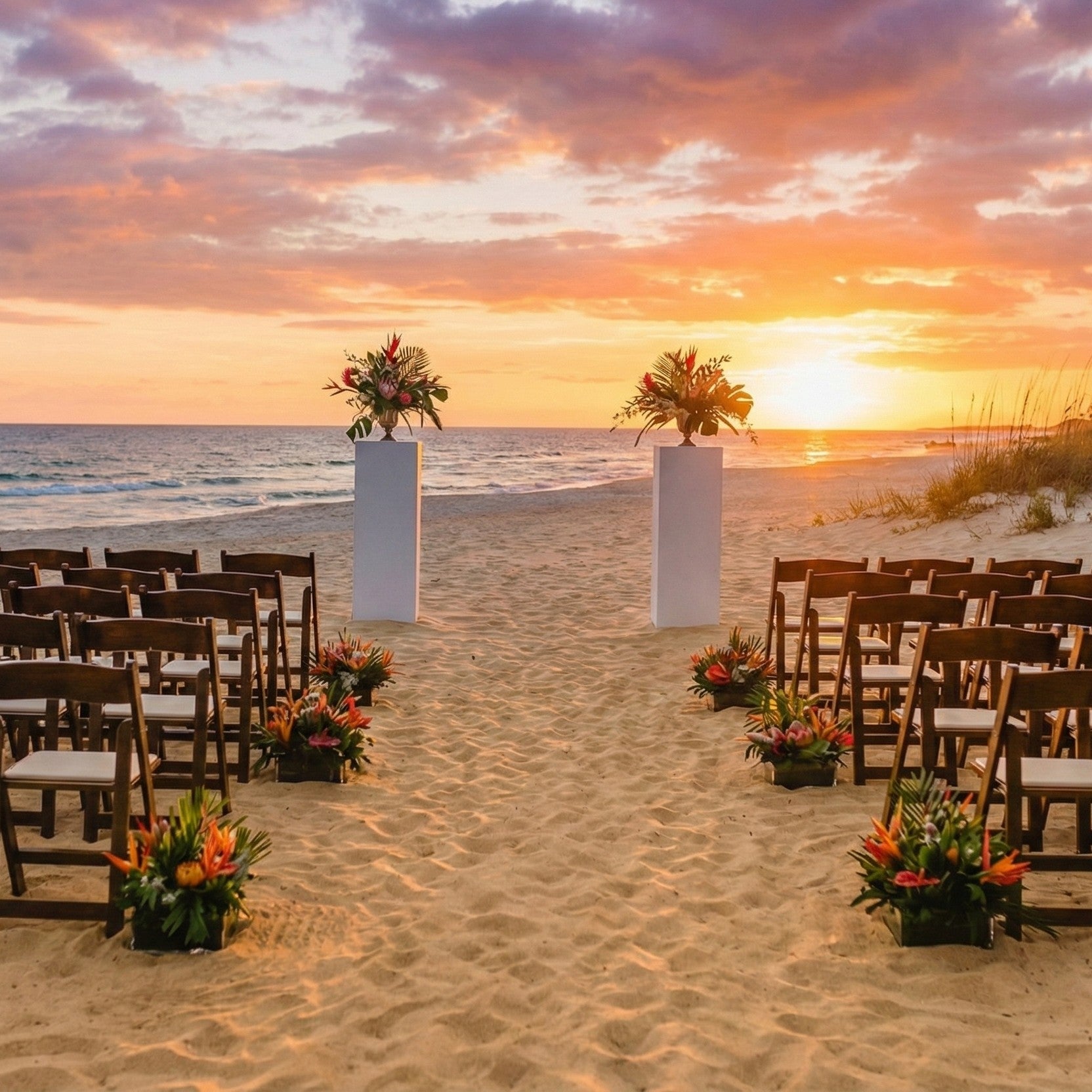 Beach wedding setup with chairs, floral arrangements, and sunset over ocean